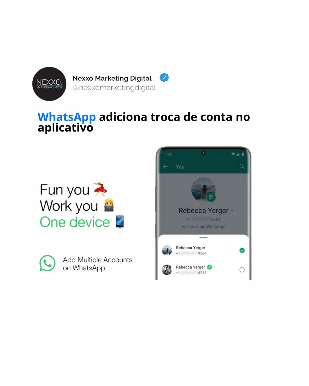 O WhatsApp anunciou uma atualização relativamente pequena, mas muito solicitada, com os usuários agora capazes de alternar entre contas alternativas do WhatsApp no aplicativo, sem precisar sair/fazer login novamente todas as vezes.
“ Hoje estamos introduzindo a capacidade de ter duas contas do WhatsApp conectadas ao mesmo tempo. Útil para alternar entre contas – como profissional e pessoal – agora você não precisa mais se desconectar todas as vezes, carregar dois telefones ou se preocupar em enviar mensagens do lugar errado.”
Sim, não é uma grande revolução, mas é um incômodo para muitos usuários.
Muitos profissionais agora precisam carregar dois telefones, para manter o trabalho e as relações pessoais separadas. E embora a atualização não alivie totalmente esse problema, ter a capacidade de alternar facilmente entre contas, como você pode fazer no Facebook e no Instagram, é uma atualização boa e funcional, que tornará as coisas um pouco mais fáceis para muitos.
Embora também seja um pouco mais complicado do que as opções normais de troca de conta.
“Para configurar uma segunda conta, você precisará de um segundo número de telefone e cartão SIM, ou um telefone que aceite multi-SIM ou eSIM. Basta abrir as configurações do WhatsApp, clicar na seta ao lado do seu nome e clicar em “Adicionar conta”. Você pode controlar suas configurações de privacidade e notificação em cada conta.”
Portanto, mais alguns passos, o que provavelmente impedirá a aceitação. Mas pode ajudar muitos usuários em seu processo, facilitando o gerenciamento de seus diversos perfis do WhatsApp em um único dispositivo.
#whastapp #whats #fyp #reels #instagram #meta #metaverso #redessociais #metaverse #agenciademarketingdigital #gestaoderedessociais
Fonte: Startse