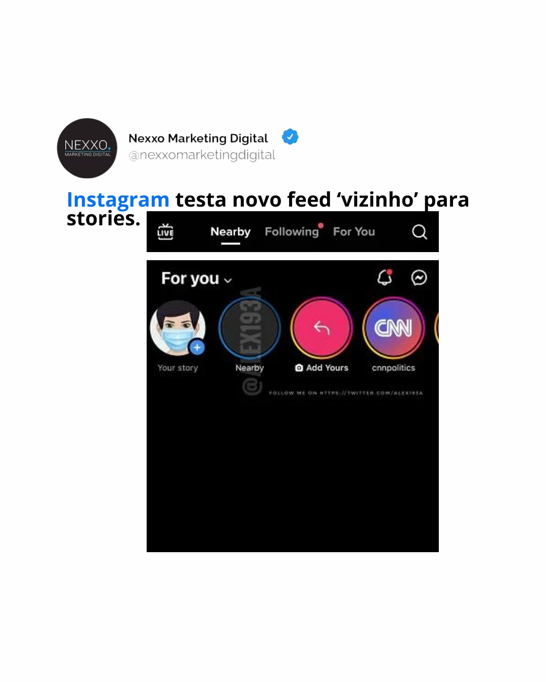 Instagram testa novo feed chamado ‘Nearby”para o stories!
Como você pode ver nesta imagem , compartilhada pelo pesquisador de aplicativos Alessandro Paluzzi , o Instagram está atualmente experimentando um novo feed “Nearby” para Stories, que destaca conteúdo público de usuários e empresas próximas.
O que já é um elemento-chave da versão chinesa do TikTok, chamada “Douyin”, que usa seu feed de conteúdo local para promover negócios locais e gerar mais engajamento.
O TikTok também está experimentando algo semelhante, com alguns usuários vendo um feed alternativo na interface principal do aplicativo.
A vantagem deste feed é que ele fornece uma nova superfície para promoção, com marcas locais capazes de alcançar usuários com base na geografia, na China também o Douyin ramificou em novas ofertas de anúncios, como serviços e entrega de comida, por meio do aplicativo .
Que pode ser o próximo destino da TikTok com seu impulso de comércio no aplicativo. O comércio in-stream se tornou o principal gerador de receita da Douyin , mas até agora, os usuários ocidentais não demonstraram o mesmo nível de interesse em comprar produtos no aplicativo.
Pode ser uma adição interessante, embora o IG provavelmente precise reiterar aos usuários que eles precisarão atualizar suas configurações de privacidade para evitar que seu conteúdo seja mostrado aos vizinhos.
O Instagram não forneceu nenhuma atualização oficial sobre este teste.
Fonte startse
#fyp #instagram #tiktok #youtube #redessociais #socialmedia