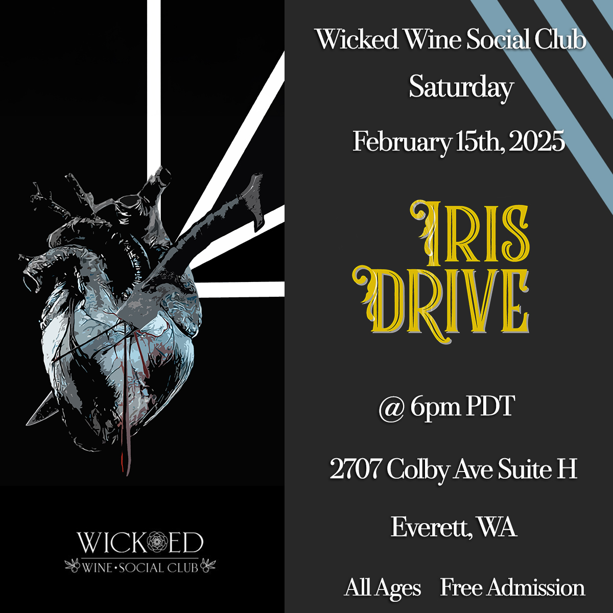 Join us in 2 weeks for a night of "Love," music, and wine!
We’re bringing the vibes to Wicked Wine Social Club on February 15th — the day after Valentine’s Day. Whether you're celebrating love or mending a broken heart, we’ve got the perfect soundtrack for your night.
Don’t miss it!
#IrisDrive #LiveMusic #WickedWineSocialClub #NightOfLove #HeartAndSoul