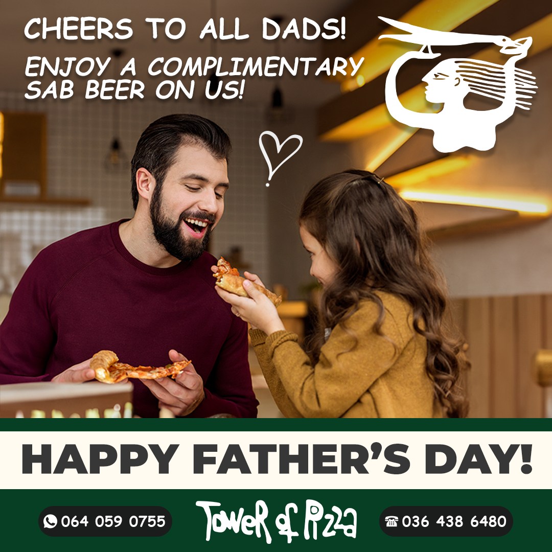๐ Happy Father's Day from Tower of Pizza! ๐
This Father's Day, weโre celebrating all the amazing dads out there! Join us for a delicious meal with your family and enjoy a complimentary SAB beer on us when you sit down to dine. Because nothing says โthanks, Dadโ like great food and a cold beer.
Cheers to the superheroes we call Dad! ๐ป
#FathersDay #TowerOfPizza #CelebrateDads #FreeBeer #FamilyTime #PizzaLovers #Drakensberg