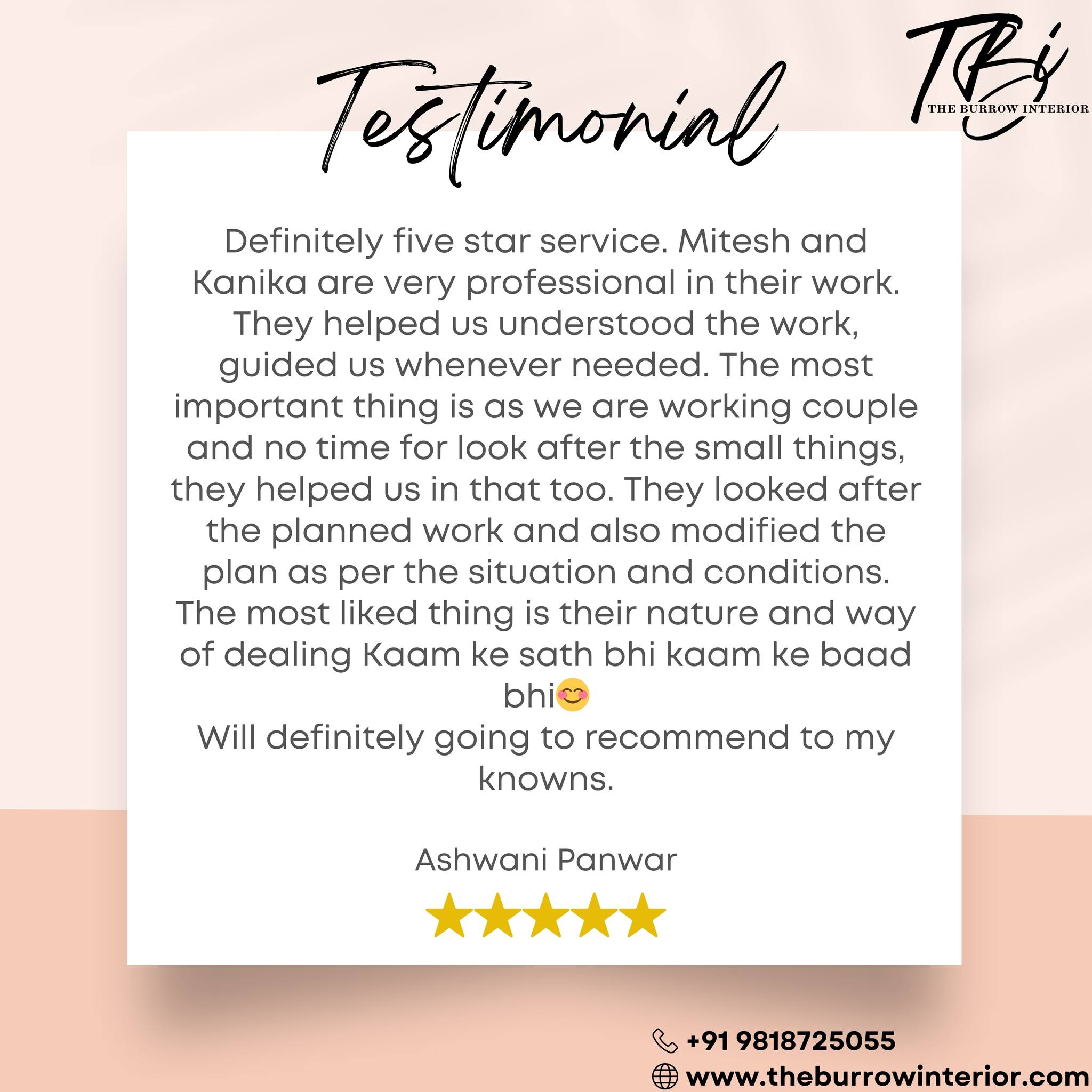 🌟 Client Love, Our Pride! 🌟
Another happy client, another beautiful journey! 💬✨ At The Burrow Interiors, we strive to turn your dream spaces into reality, and hearing your kind words motivates us to keep raising the bar. 🏡❤️
Swipe through to see what our amazing clients have to say! We’re grateful for the trust you place in us. 🌿
Let’s transform your house into a home you’ll love forever!
🔑 Ready to bring your vision to life? Book your consultation today and start your home makeover journey!
📞 +91 9818725055
🌐 www.theburrowinterior.com
📩 mitesh@theburrowinterior.com
#TheBurrowInteriors #ClientTestimonial #HappyClients #InteriorDesign #DreamSpaces #ModernLiving #LuxuryInteriors #CozyHomes #HomeDecor #HomeDesign #InteriorStyling #LivingRoomInspo #BedroomDesign #SpaceTransformation #MinimalistDesign #VintageInteriors #StylishSpaces #DesignYourSpace #CreativeInteriors #PersonalizedDesigns #ElegantLiving