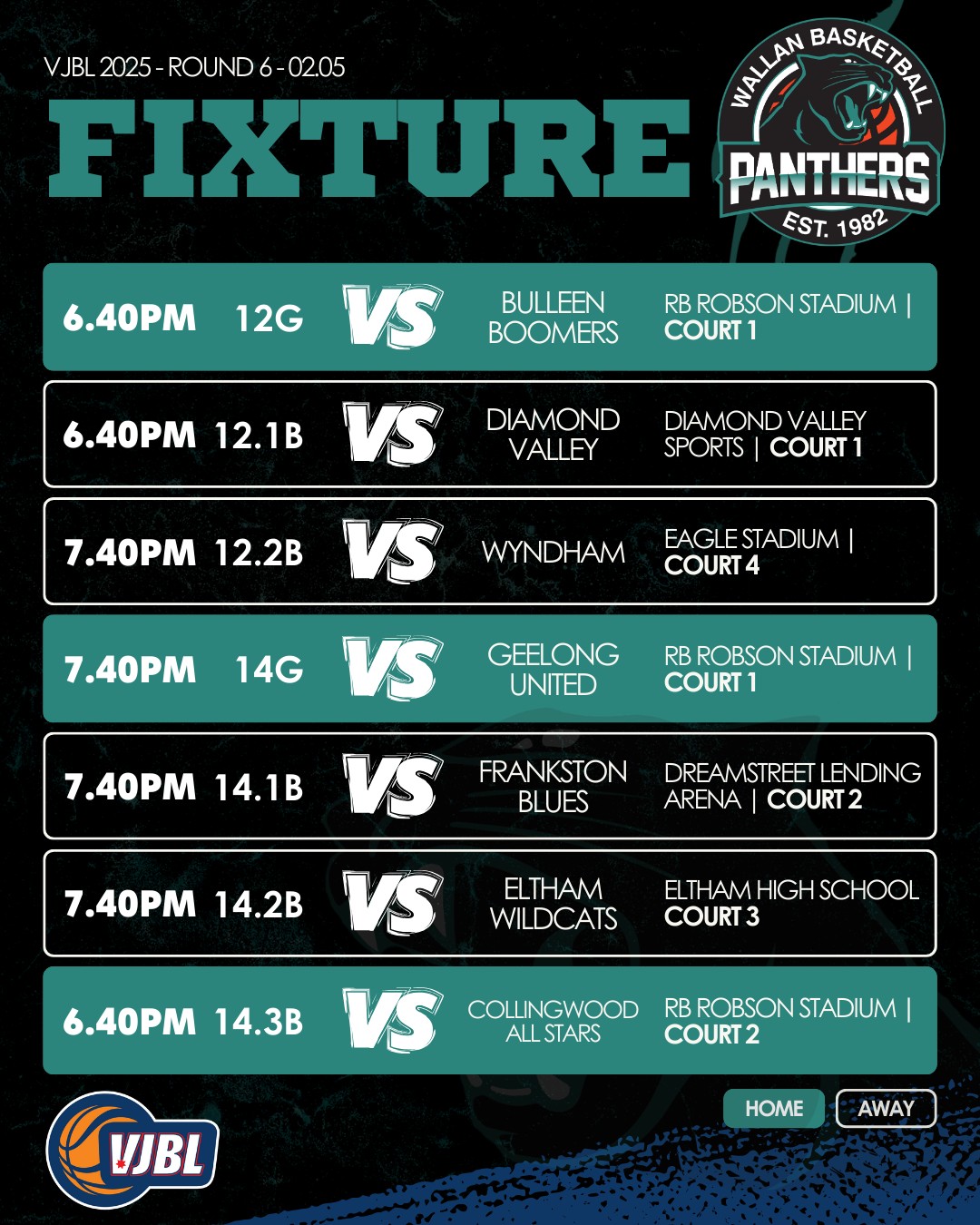 🏀 VJBL Round 6 – We’re Back! 🏀
After a 3-week break, it’s time for our Panthers to hit the court once again! Round 6 kicks off this Friday, May 2nd, and we’re excited to see our teams back in action.
Make sure to get down to the games and show your support! Don’t forget to snap some pics and share them with us! 📸🙌
#VJBL2025 #PantherPride #WelcomeToTheJungle #WallanBasketball