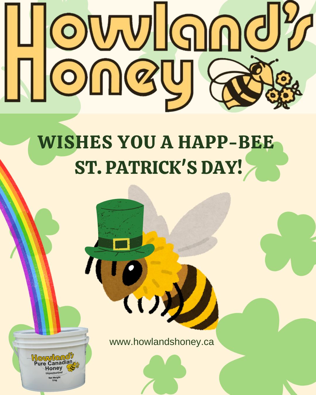 ๐ฏ๐ Happy St. Patrick's Day from Howland's Honey! ๐โจ This year, why not find your pot of gold in a jar of our delicious honey? Dive into the sweetness that awaits beneath the rainbow and celebrate with a taste of nature's finest. Check out our delightful products at www.howlandshoney.ca and make your day a little sweeter! ๐ฏ๐ #StPatricksDay #HowlandsHoney #SweetLuck