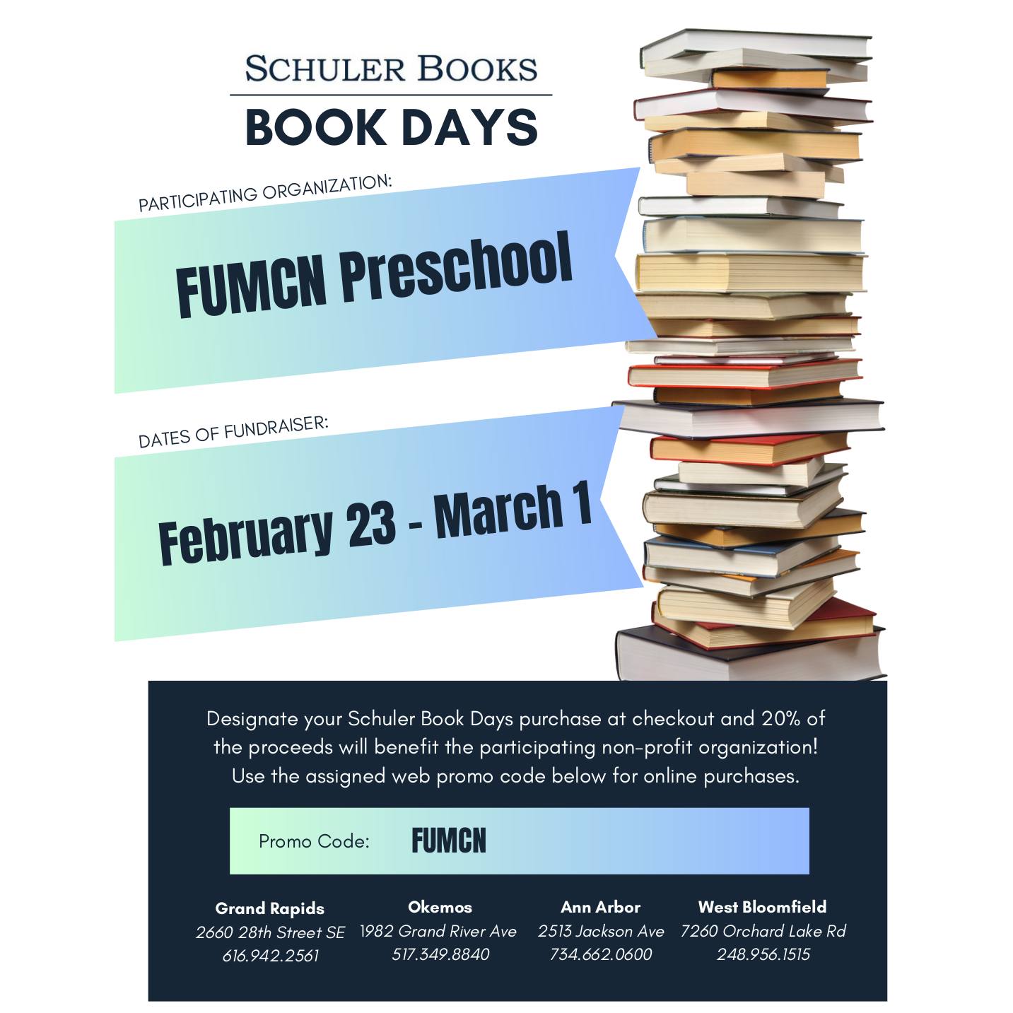 Shop at Schuler Books between February 23rd and March 1st and designate your purchase for FUMCN Preschool (or use promo code: FUMCN online), and 20% of the proceeds will go to FUMCN! 📙📘📗