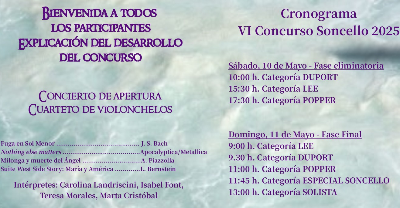 👋👋Queridos Soncelleros!! Os compartimos el Cronograma general del 𝐕𝐈 𝐂𝐨𝐧𝐜𝐮𝐫𝐬𝐨 𝐒𝐨𝐧𝐜𝐞𝐥𝐥𝐨 𝟐𝟎𝟐𝟓 que tendrá lugar entre los días 9 y 11 de Mayo. Daremos la bienvenida a todos los participantes el viernes 9 a las 19:30 en el Auditorio del CMUS Profesional de A Coruña con un concierto a cargo de un cuarteto de violonchelos. El sábado 10 será el día de las eliminatorias y dejaremos para el domingo por la mañana las finales y la categoría 𝐄𝐬𝐩𝐞𝐜𝐢𝐚𝐥 𝐒𝐨𝐧𝐜𝐞𝐥𝐥𝐨. Esa misma tarde anunciaremos los ganadores y haremos la entrega de premios. Será un fin de semana muy intenso. Mucha suerte a todos los participantes!!! 🍀🍀🍀
Tenéis toda la información en nuestra web
www.soncello.org