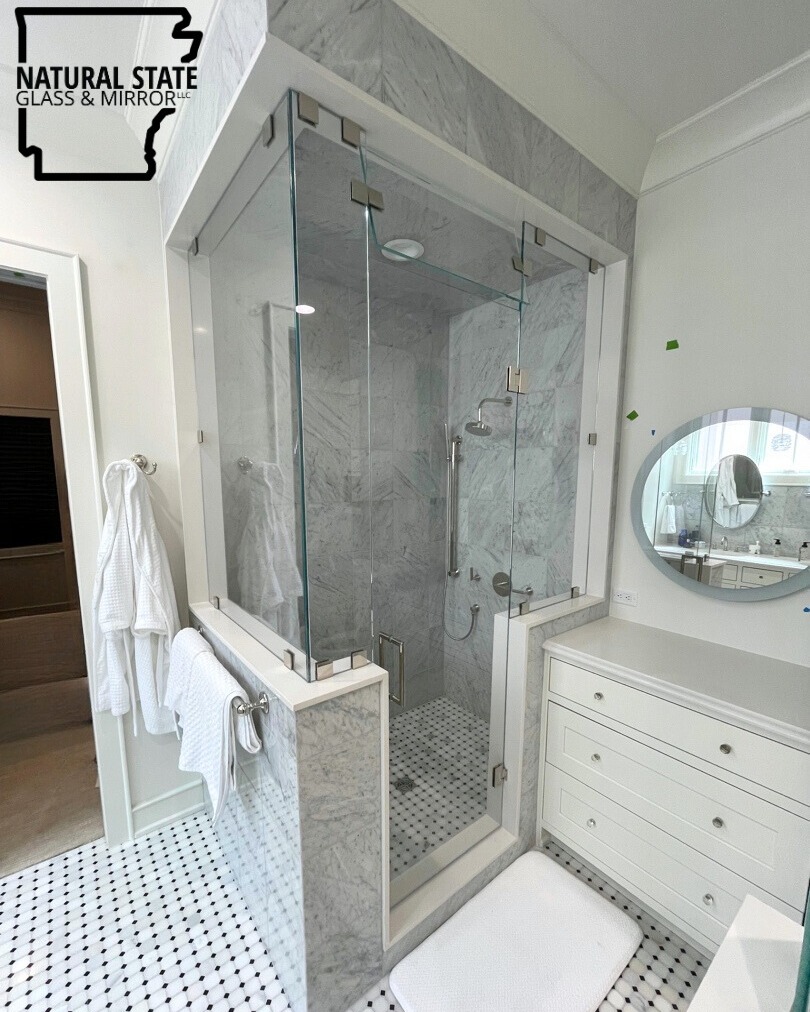 Is the bathroom where you go to decompress, relax, and be alone? If so this is the perfect enclosure, you can have your own at home spa day. Another amazing plus to a steam shower is NO cold air. We absolutely adore this beautiful steam shower moment!
-
📞Call us at (479) 856-8500 to schedule your free estimate today!
🌐Visit us online by clicking the link in our bio!
📍Come see us in person! At 13293 Puppy Creek Rd Springdale, AR.
#FreeEstimates #nwarksmallbusiness #NSGM #naturalstate #naturalstateglassmirror #glass #NWA #customshower #showerdesign #springdalear #rogersar #bentonvillear #fayettevillear #lowellar #bellavistaar #bathroomdesign #interiordesign #luxurybathroom #nwabusiness #northwestarkansasbusiness #glasscompany #customglassshower #customglass #LuxuryShower #Arkansas #nwahomes #homeimprovement #nwarkansas #glass #framelessshower