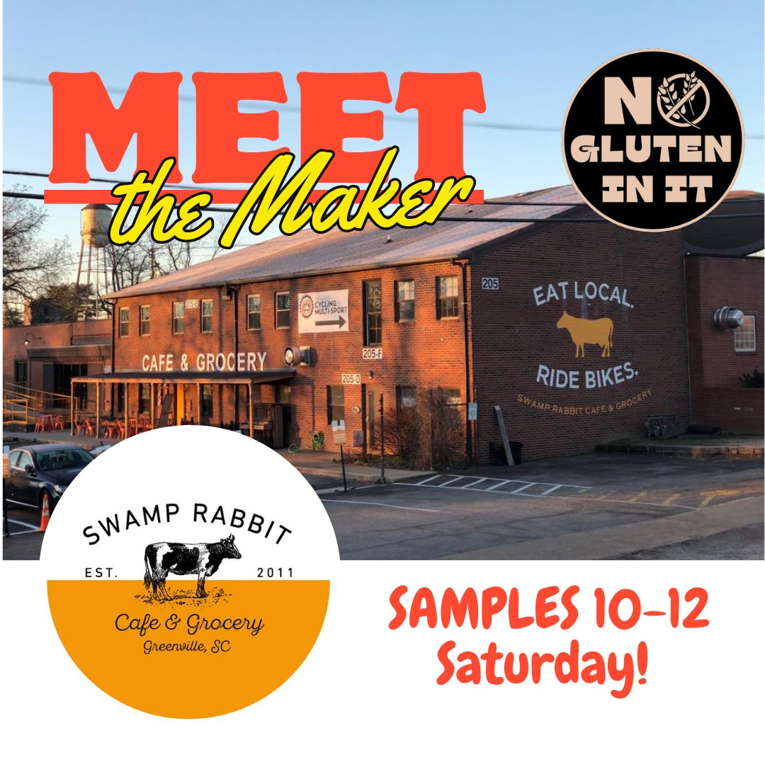 🍪 This Saturday in Greenville, SC! 🍫
Stop by @swamprabbitcafe between 10–12 on 6/21 to try gluten-free Brownie and Chocolate Chip Cookie samples from No Gluten In It!
Perfectly sweet, perfectly safe — you won't believe they're gluten-free! 🙌
Come taste the difference! 💛