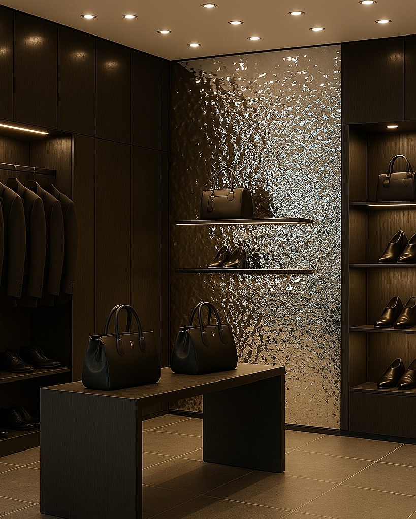 Shimmering reflections, bold texture, and modern luxury — this is design with impact!
Our Designpanel Alu Mirror Polished Lava Natural features a mirror-polished aluminium surface with a silver tone and flowing, organic texture inspired by molten lava. The result is a dramatic panel that brings depth, movement, and a sleek, futuristic touch to any space.
Perfectly suited for high-end commercial interiors, as seen in this boutique wall and hotel reception area — the panel becomes a statement element that elevates both form and function.