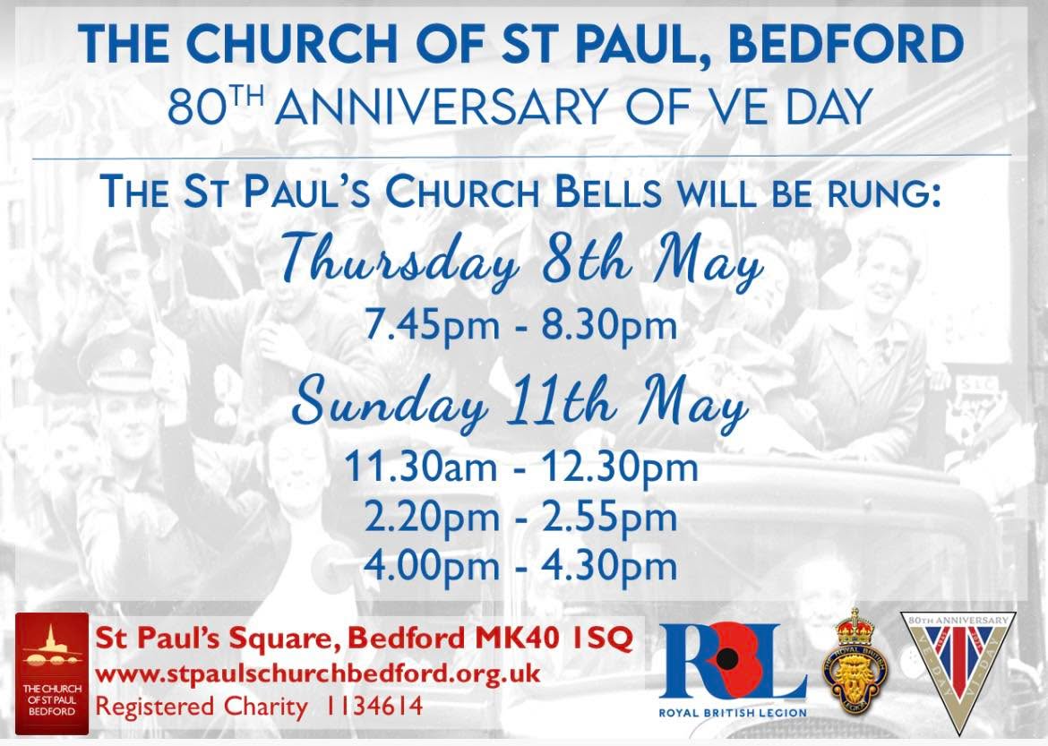 Our town centre bells of St Paul’s Church will ring out to remember the fallen and commemorate the 80th Anniversary of the end of World War II on Thursday 8th and Sunday 11th May. See times in the slide and do listen out!