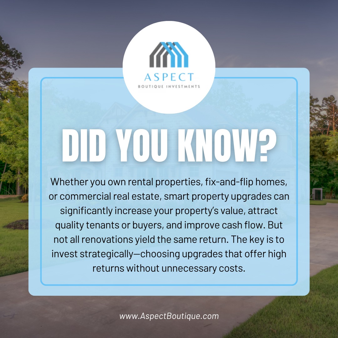 Not all upgrades are created equal. đĄ
At Aspect Boutique Investments, we focus on strategic improvements that actually move the needle â think curb appeal, updated kitchens, and energy-efficient features.
We donât guess. We invest with purpose.
Smart renovations. Stronger returns.
đ Ready to grow your propertyâs value the smart way? Click the link in our bio today!
#SmartInvesting #PropertyUpgrades #RealEstateStrategy #ValueAdd #BoutiqueInvesting #AspectInvestments #WealthBuilding