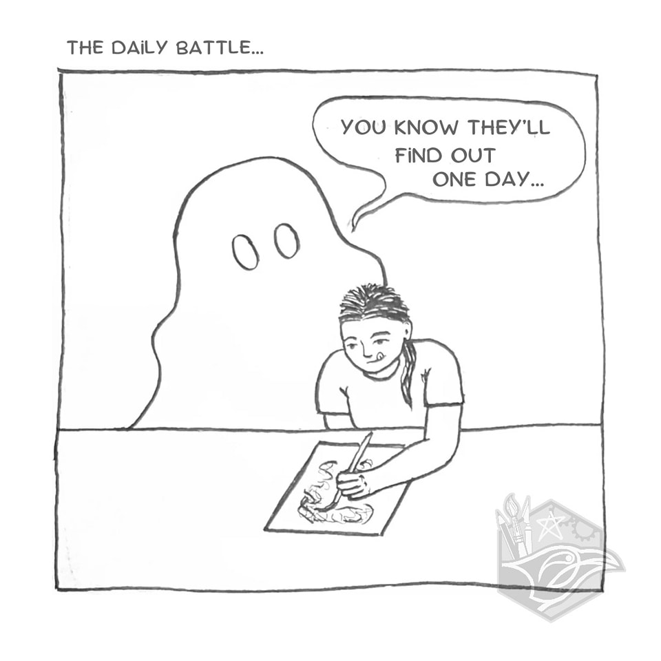 The daily battle...
.
Here's a little four panel cartoon I felt compelled to draw last night. The noodle's been out of whack for a few days, I'm sure I'll be back to business soon.
.
.
.
#impostersyndrome #cartoon #penandink #drawing #illustration #art #crafts #artcraft #artist #instaartist #instaart #craft #artistlife #raven #hellomyfreakydarlings #corvusarts