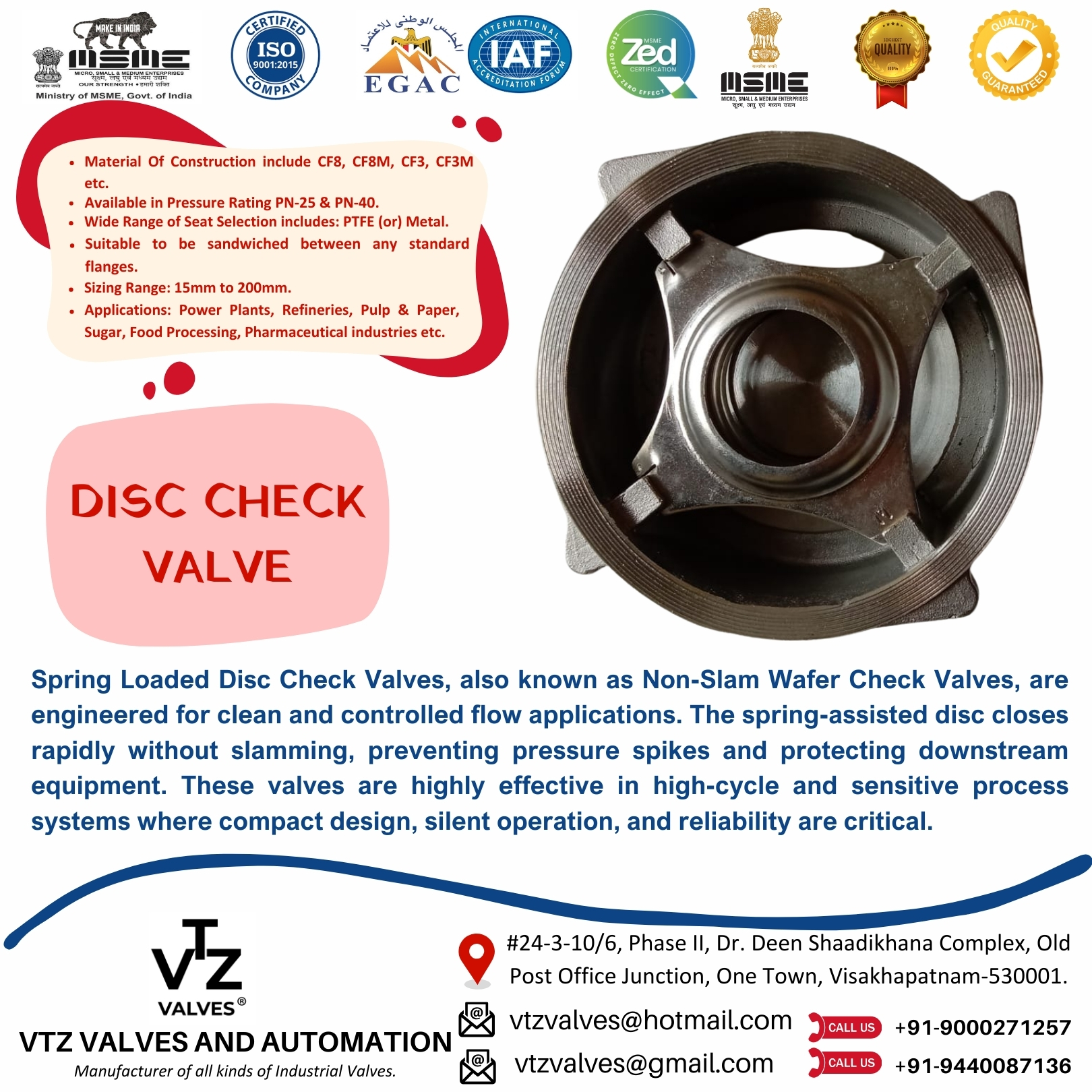 Ensure smooth and silent operation with VTZ VALVESยฎ Spring Loaded Disc Check Valves. Engineered for precision, these valves prevent backflow without valve slam, making them ideal for clean pipelines, process lines, and sensitive utility services. Compact in design and built for durability, they deliver non-slam shutoff across water, steam, air, and chemical applications.
๐ฉ Connect with us for orders and enquiries:
๐ง vtzvalves@hotmail.com / vtzvalves@gmail.com
๐ +91-9000271257 / +91-9440087136
๐ www.vtzvalves.com
#disccheckvalve #nonslamvalve #springloadedcheckvalve #industrialvalves #pipelineprotection #madeinindia #chemicalindustry #watertreatment #valvemanufacturer #vtzvalves
