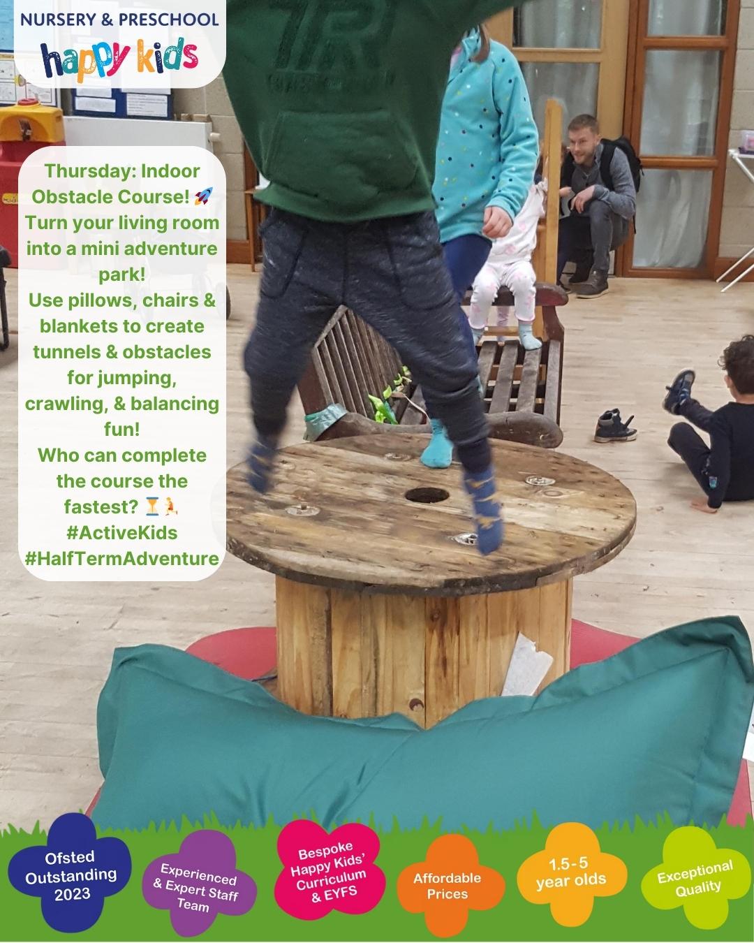 🚀 Thursday: Indoor Obstacle Course! 🚀
Turn your living room into a mini adventure park!
Use pillows, chairs & blankets to create tunnels & obstacles for jumping, crawling, & balancing fun!
Who can complete the course the fastest? ⏳🏃
#ActiveKids #HalfTermAdventure #happykids #nursery #preschool #earlyyears #altrincham