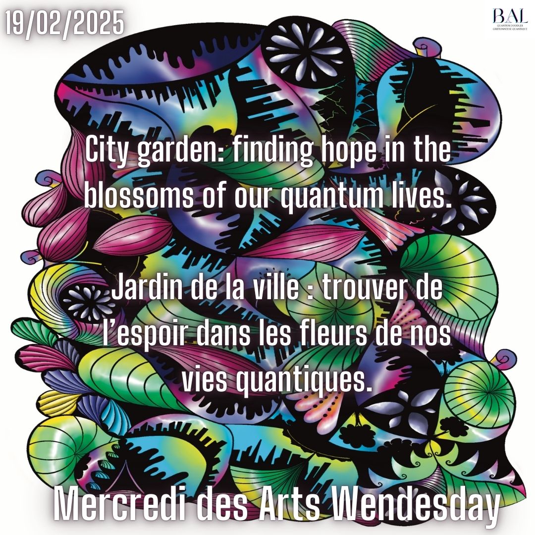 Mercredi des Arts Wednesday
City garden: finding hope in the blossoms of our quantum lives.
Jardin de la ville : trouver de l’espoir dans les fleurs de nos vies quantiques.
#abalabee #ancilians #sciencefantasy #quantumfiction #doodlingcréatif