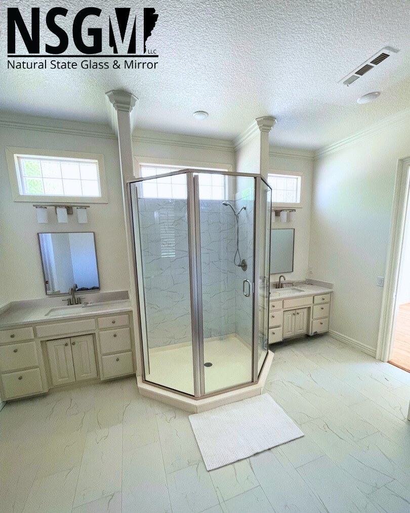 What a unique shower! This is a neo angle Semi Frameless enclosure. This is an awesome design concept. We are happy to execute our portion and add a little more spice to the design!
-
📞Call us at (479) 856-8500 to schedule your free estimate today!
🌐Visit us online by clicking the link in our bio!
📍Come see us in person! At 13293 Puppy Creek Rd Springdale, AR.
#FreeEstimates #nwarksmallbusiness #NSGM #naturalstate #naturalstateglassmirror #glass #NWA #customshower #showerdesign #springdalear #rogersar #bentonvillear #fayettevillear #lowellar #bellavistaar #bathroomdesign #interiordesign #luxurybathroom #nwabusiness #northwestarkansasbusiness #glasscompany #customglassshower #customglass #LuxuryShower #Arkansas #nwahomes #homeimprovement #nwarkansas #glass #framedshower