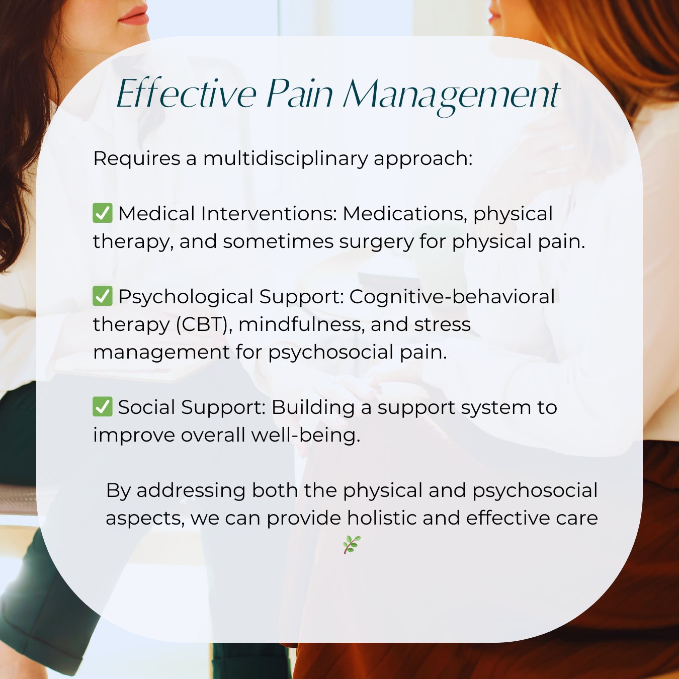 The Twin Peaks Model shows us that effective pain management requires a multidisciplinary approach 🩺🧘♀️
✅ Medical Interventions: Medications, physical therapy, and sometimes surgery for physical pain.
✅ Psychological Support: Cognitive-behavioral therapy (CBT), mindfulness, and stress management for psychosocial pain.
✅ Social Support: Building a support system to improve overall well-being.
By addressing both the physical and psychosocial aspects, we can provide holistic and effective care. 🌿
#PainManagement #HolisticCare #ChronicPain #Healthcare #TwinPeaksModel