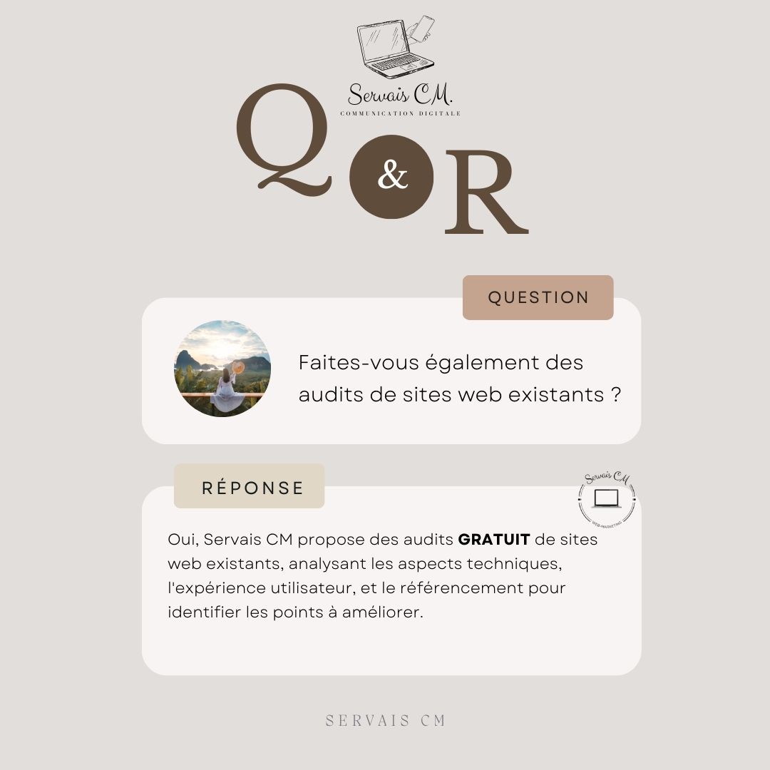 🌟 Question du Jour : Faites-vous également des audits de sites web existants ? 🌟
Réponse : Oui, chez Servais CM, nous proposons des audits GRATUITS de sites web existants ! 🔍
Nos audits incluent :
⚙️ Analyse Technique : Évaluation des performances techniques de votre site pour assurer un fonctionnement optimal.
👥 Expérience Utilisateur : Identification des éléments qui pourraient améliorer la navigation et l’interaction des utilisateurs.
🔍 Référencement : Analyse des pratiques SEO pour optimiser votre visibilité sur les moteurs de recherche.
Nous sommes là pour vous aider à identifier les points à améliorer et à maximiser le potentiel de votre site ! 🚀✨
#QandA #AuditWeb #ServaisCM #WebMarketing