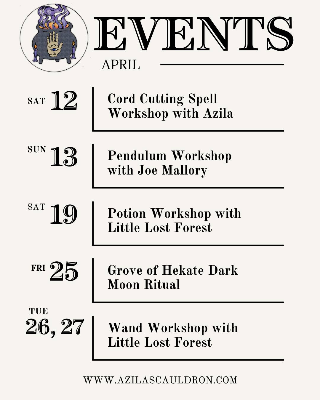 ⨠APRIL EVENTS AT AZILA'S CAULDRON āØ
We're cutting cords, brewing potions, and channeling big magic over here. Come join us!
Apr 12 ā Cord Cutting Spell Workshop with Azila
Apr 13 ā Pendulum Workshop with Joe Mallory
Apr 19 ā Potion Workshop with Little Lost Forest
Apr 25 ā Grove of Hekate Group Ritual
šŖ Apr 26ā27 ā Wand Workshop with Little Lost Forest
Space is limited ā book your spot at https://azilascauldron.com/pages/events
#WitchyWorkshops #SpellCrafting #CordCuttingMagic #PendulumDivination #PotionMaking #DarkMoonRitual #WandMaking #LittleLostForest #AzilasCauldron #HekateVibes #AprilMagic #WitchcraftEvents #humboldtcounty #humboldtevents
