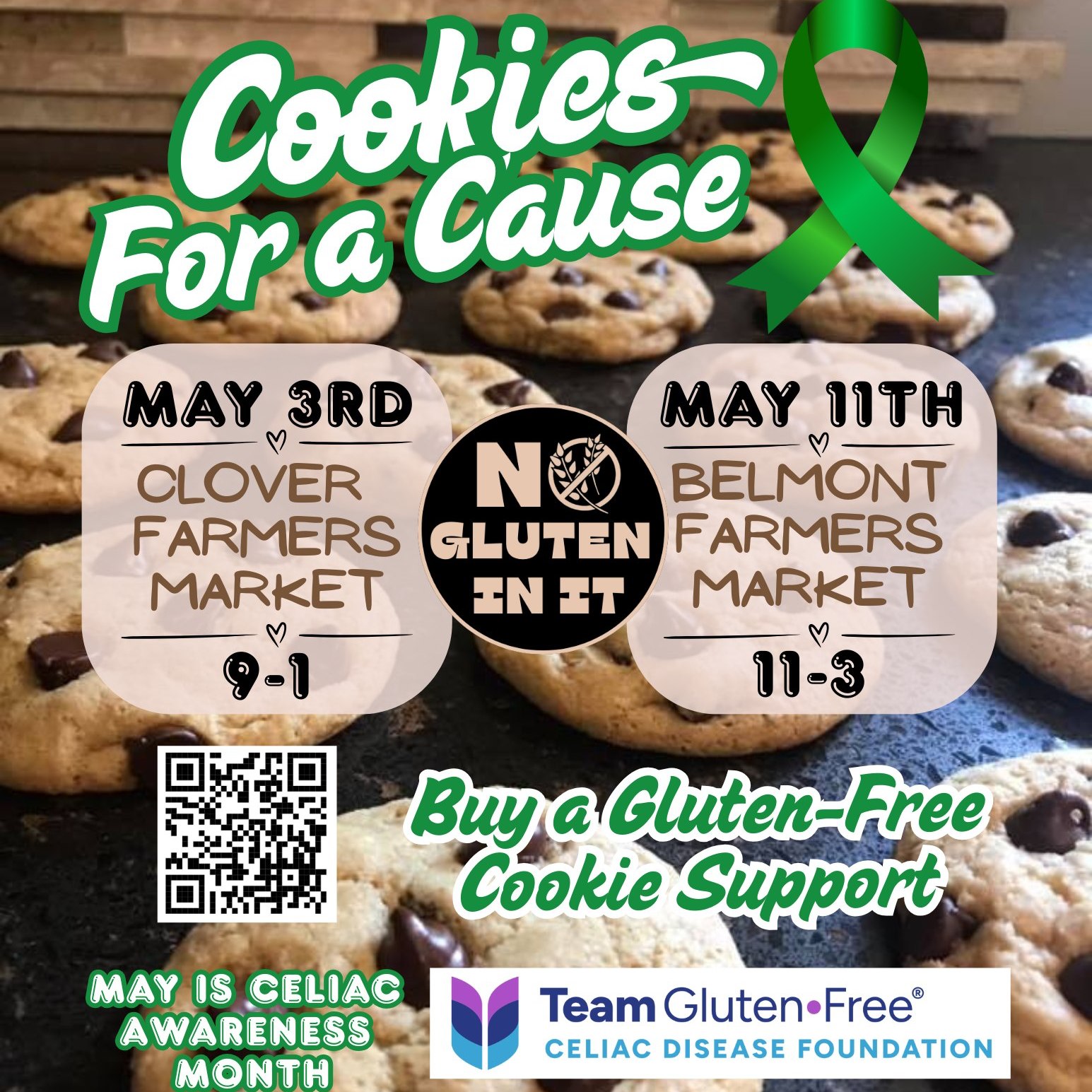 May is Celiac Awareness Month, and we're baking up something special — Cookies for a Cause! 🍪
Stop by Belmont Farmers market this Sunday 11-3, grab a sweet treat, and support a cause that’s close to our hearts — proceeds from cookie sales will benefit the Celiac Disease Foundation 💚
Visit our team page at: https://give.celiac.org/team/653440
#GlutenFreeForGood #CeliacAwareness #CookiesForACause #cloverfarmersmarket