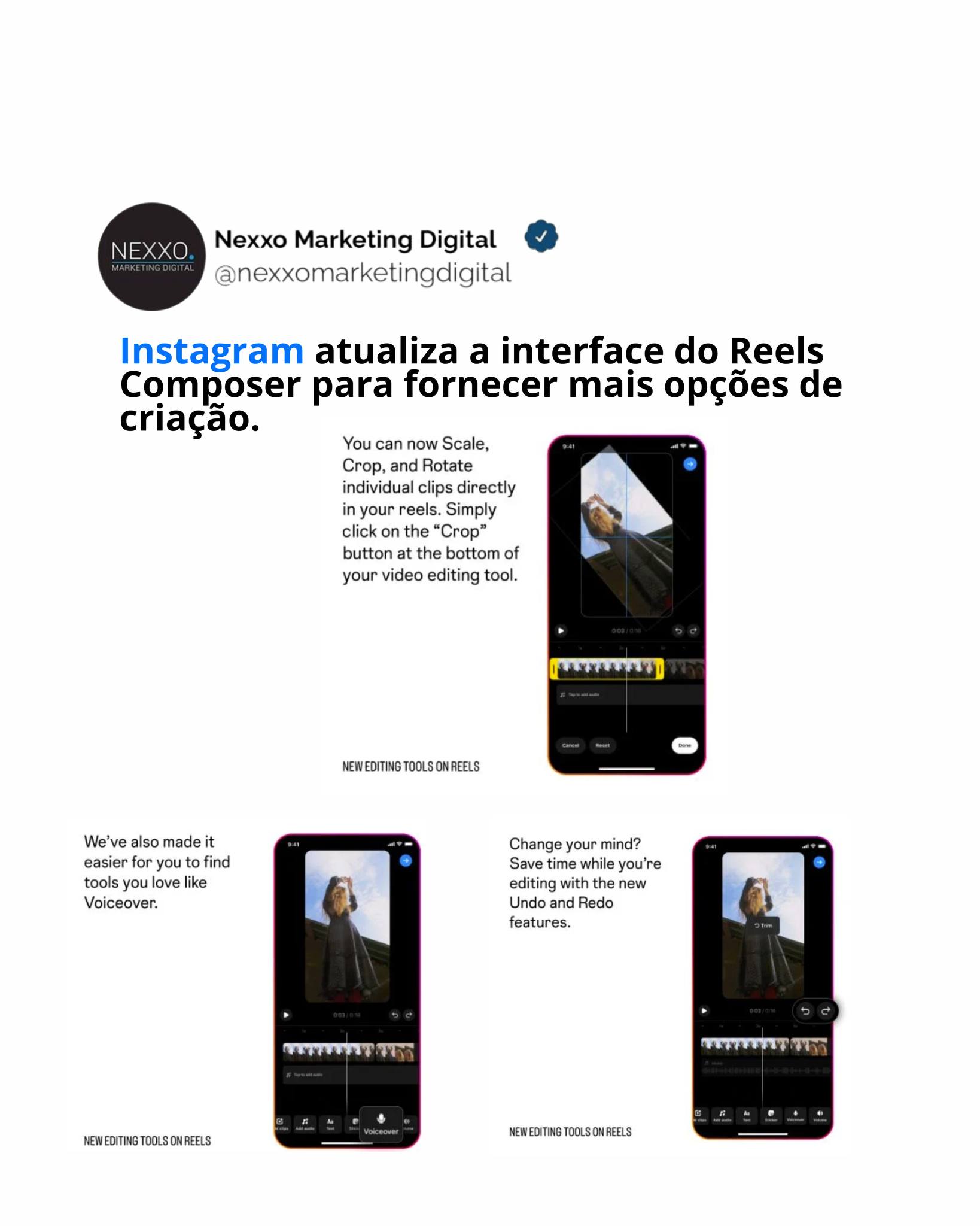 Os Reels continuam a ser o foco principal do Facebook e do Instagram.
Na verdade, o chefe do Instagram, Adam Mosseri, observou recentemente que os Reels agora representam 50% de todo o tempo gasto no Instagram .
Essencialmente, se você quer mesmo maximizar suas taxas de engajamento no Facebook ou no IG, você precisa criar videoclipes curtos e envolventes.
Instagram revelou três novas atualizações de criação de Reels , que facilitarão a criação de Reels, sem a necessidade de ferramentas de edição de vídeo de terceiros mais complexas.
O que, na verdade, é mais o foco dos vídeos curtos, com os usuários respondendo melhor a clipes mais orgânicos e atuais, em oposição a promoções refinadas. Bem, isso e clipes de programas de TV antigos, mas, na verdade, quanto mais orgânico e nativo você fizer com que seus clipes pareçam, melhor será o desempenho deles.
Em primeiro lugar, o Instagram adicionou novas opções de edição diretamente no compositor de Reels, oferecendo mais maneiras de personalizar suas criações.
Agora você pode cortar e alterar seus clipes diretamente no fluxo de upload, o que pode facilitar a criação de ângulos exclusivos (literalmente) para suas postagens.
O Instagram também adicionou novos botões para encontrar ferramentas de edição relevantes.
Embora também tenham sido adicionados botões “Desfazer” e “Refazer” para facilitar a edição.
Estas são algumas atualizações úteis, que não mudam o jogo em si, mas são alterações funcionais e práticas na interface do usuário que permitirão melhor a edição in-stream.
Embora você ainda queira criar clipes curtos para sua marca em um editor personalizado, é bom saber que você tem a capacidade de criar vídeos de aparência razoável em qualquer lugar, sempre que precisar, o que pode ajudá-lo a entrar no mundo dos vídeos curtos.
#whatsapp #meta #IA #redessociais #gestaoderedessociais #marketingdigiral #facebook #instagram #reels #security