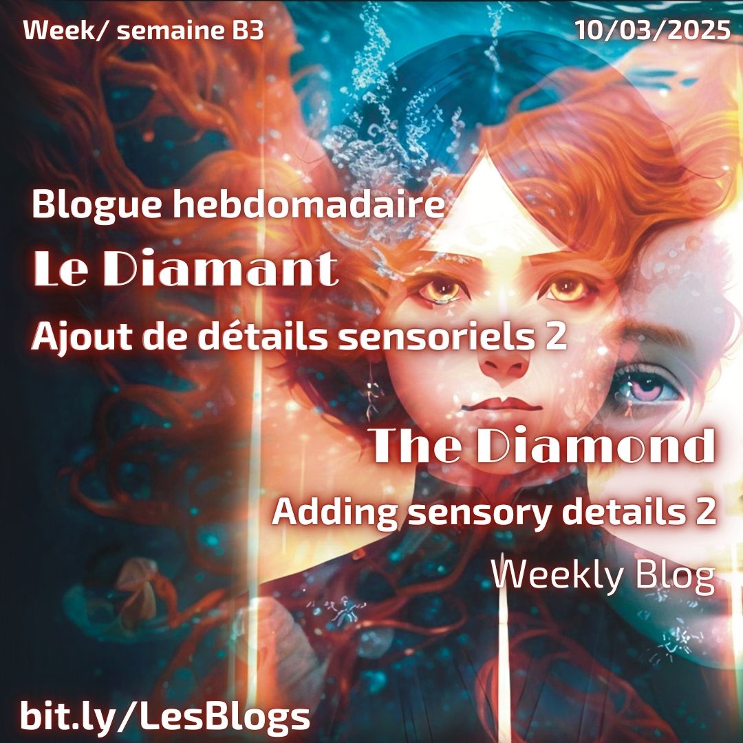 The blog is out! The anatomy of a novel, back to week B3. Discover the writing process; follow the progress as I edit and translate The Diamond, a fantasy novella from the Faerydom Mysteries series
https://www.abalabee.com/post/adding-sensory-details-ajouter-des-détails-sensoriels https://bit.ly/LesBlogs
Le blog est là! L’anatomie d’un roman, retour de la semaine A. Découvrez le processus d’écriture, suivez la progression de la correction et de la traduction de Le Diamant, un court roman de fantasy dans la série des mystères du féeriaume.
#abalabee #ancilians #sciencefantasy #fictionblogs #blogfiction