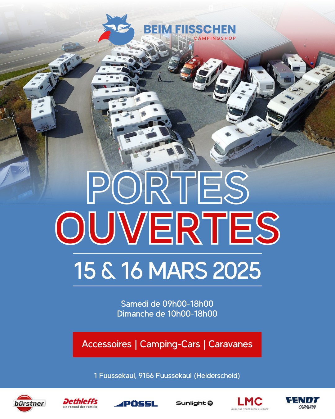 🗓️ Dëse Weekend, de 15 & 16 Mäerz ass grouss Porte ouverte bei eis an der Fuussekaul! ⛺️ Kommt laanscht an entdeckt allerlee Camping-Accessoiren & flott Campere fir ze kafen oder ze lounen 🚐