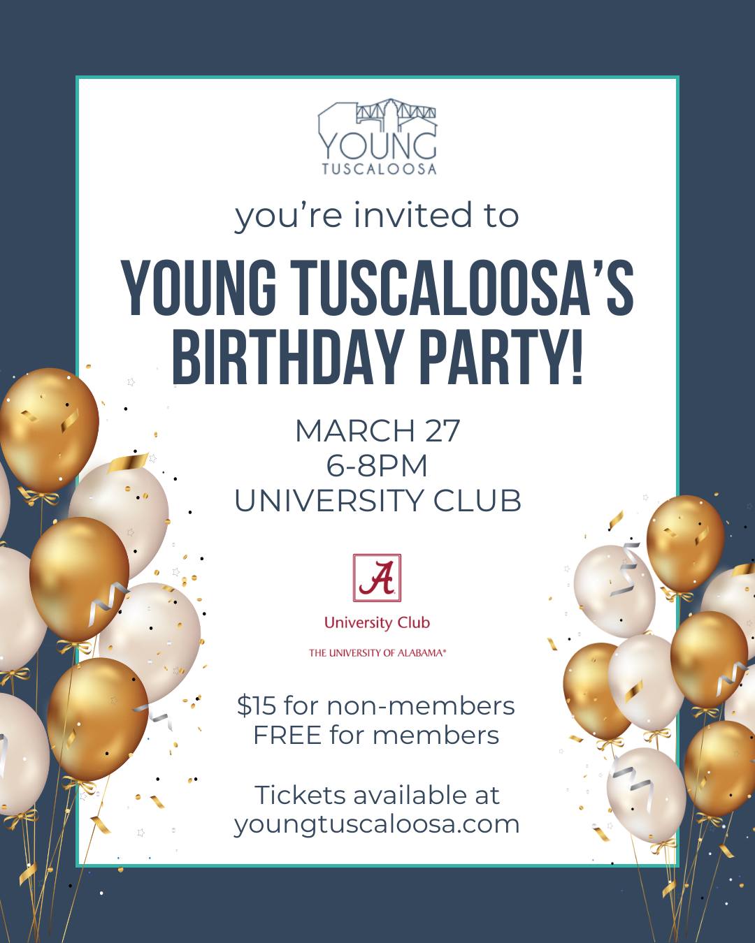 TOMORROW! 😉 Don't forget to get your tickets! Our birthday party is tomorrow (3/27) from 6-8pm at University Club. Tickets are $15 for non-members and FREE for members. Will you be there? 🎉 #youngtuscaloosa
Tickets available at youngtuscaloosa.com
