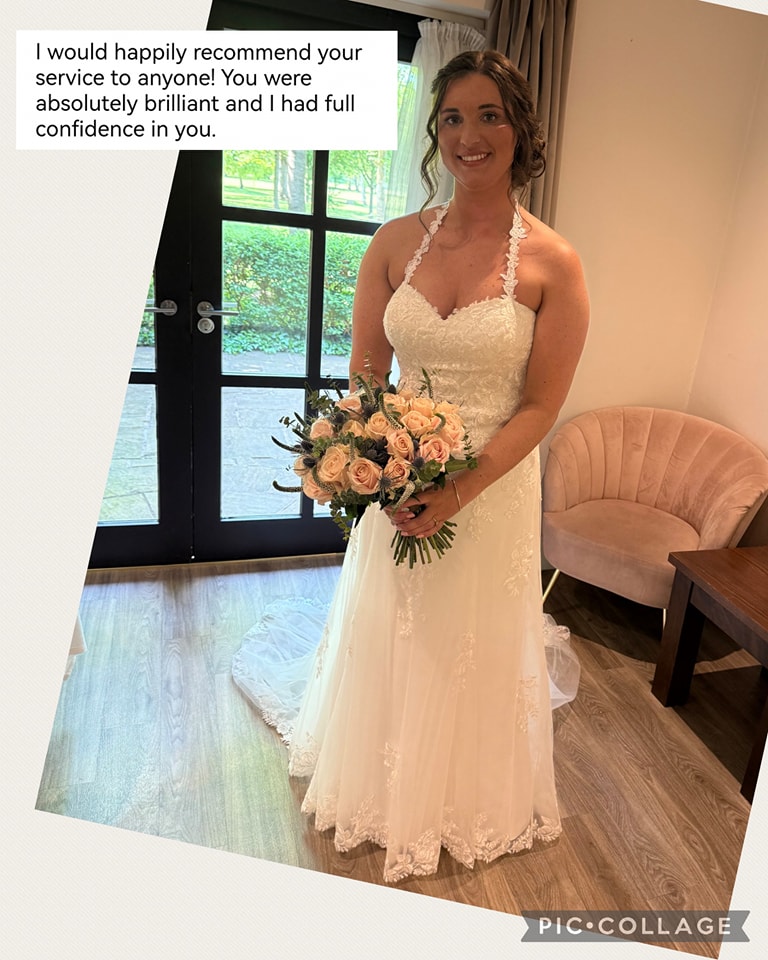 With thanks to the lovely Alice for sending me this beautiful picture.
The gown had an halter neck strap added, the bodice was taken in under the bust and the hem was shortened. @wed2be
#bride #wed2b #swadlincote #dressmaker #bridalseamstress #swadlincoteweddings #weddingdress #weddings #bridalalterations #sewing