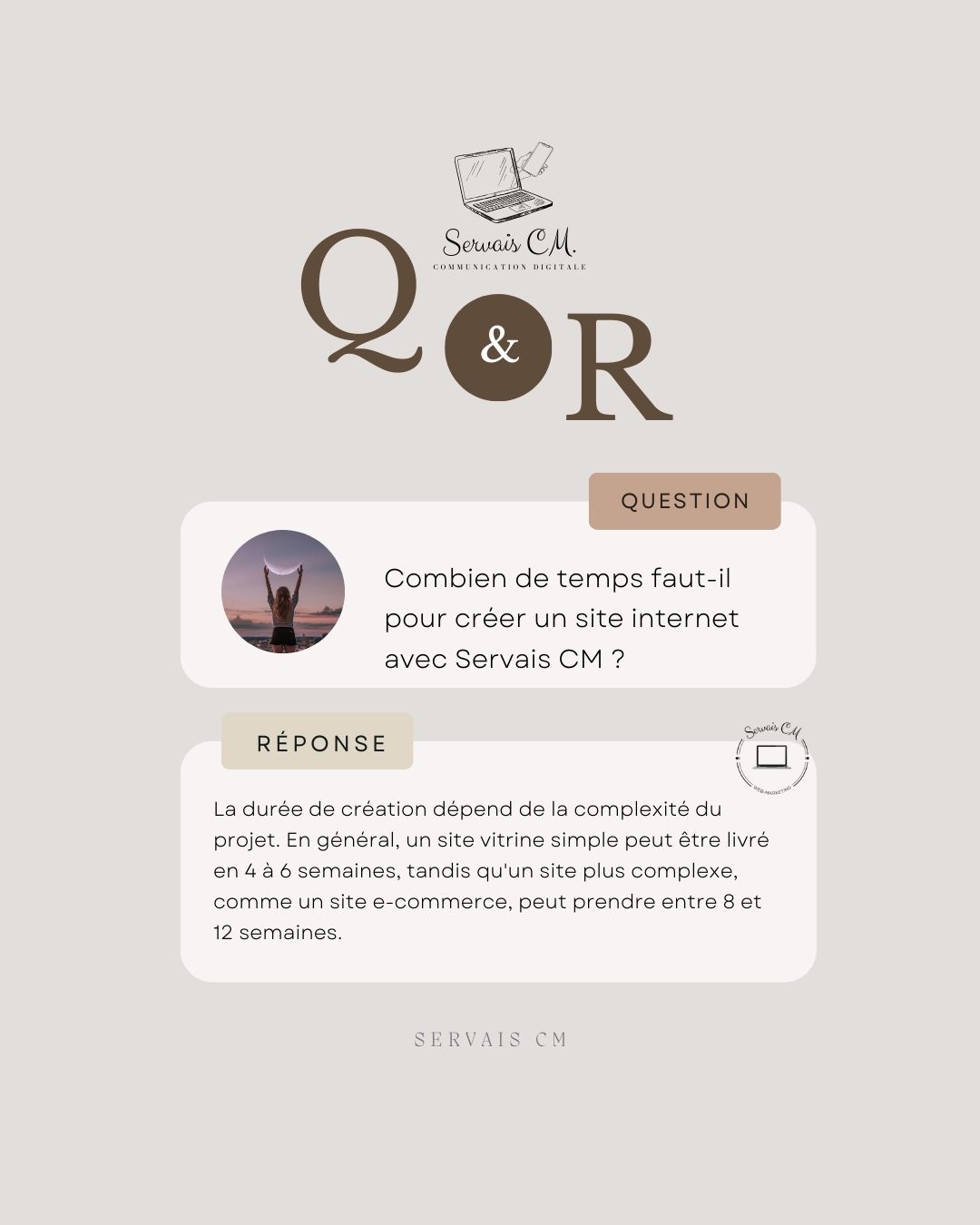🌟 Question du Jour : Combien de temps faut-il pour créer un site internet avec Servais CM ? 🌟
Réponse : La durée de création d’un site internet chez Servais CM dépend de la complexité du projet :
⏳ Site Vitrine Simple : Généralement, nous pouvons livrer un site vitrine en 4 à 6 semaines.
🛒 Site E-Commerce Complexe : Pour des projets plus élaborés, comme un site e-commerce, le délai peut varier entre 8 et 12 semaines.
Nous travaillons en étroite collaboration avec vous pour garantir que chaque étape du processus réponde à vos attentes et à vos besoins ! 🚀✨
#QandA #CréationDeSite #ServaisCM #WebDevelopment