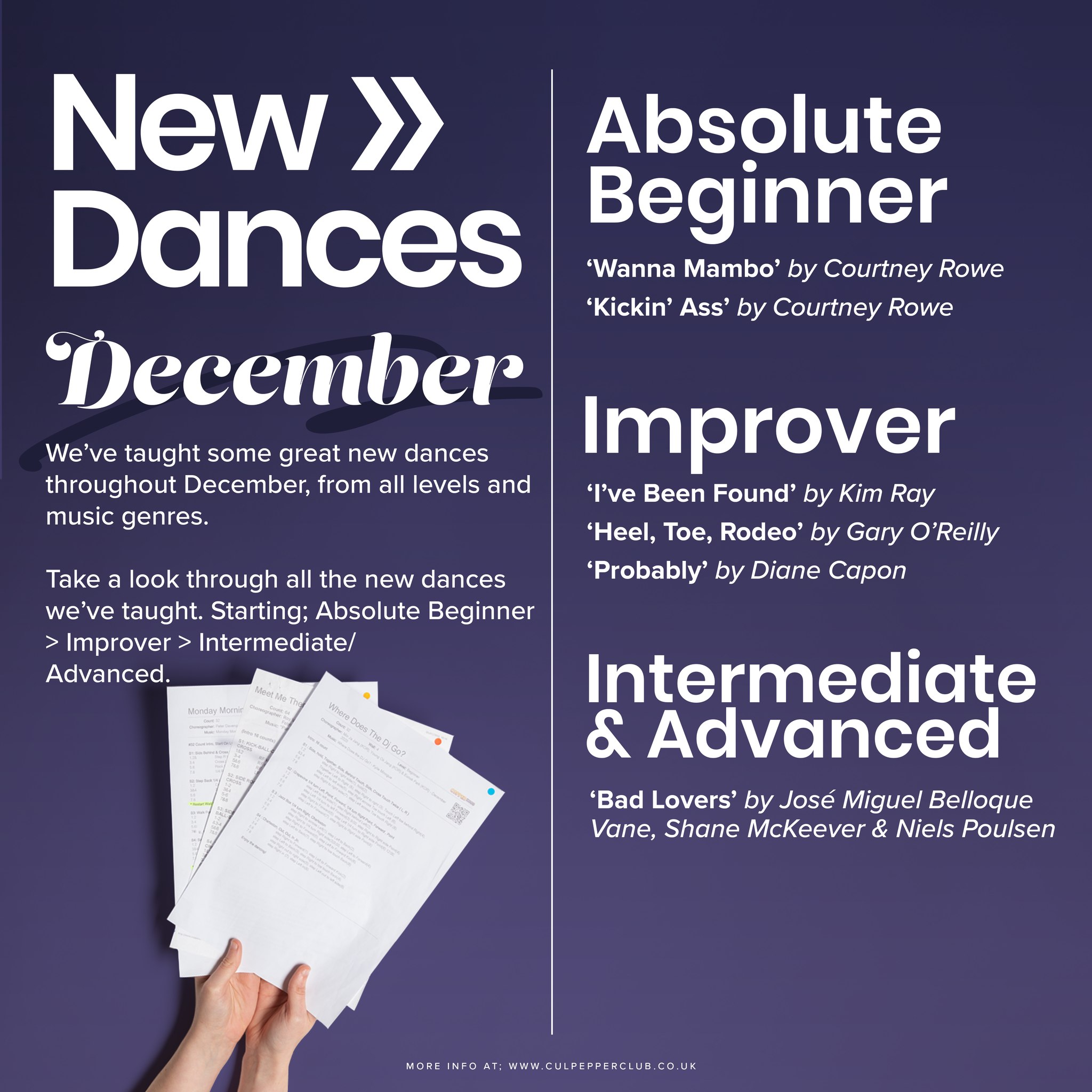 There have been some great new dances that we've taught throughout December, take a look below. Tell us what your favourites have been.
Find out more about the dances we've taught at our website - link in bio.
#culpeppersuk #culpeppersuk #linedance #linedancing #dance #danceclass #basildon #essex