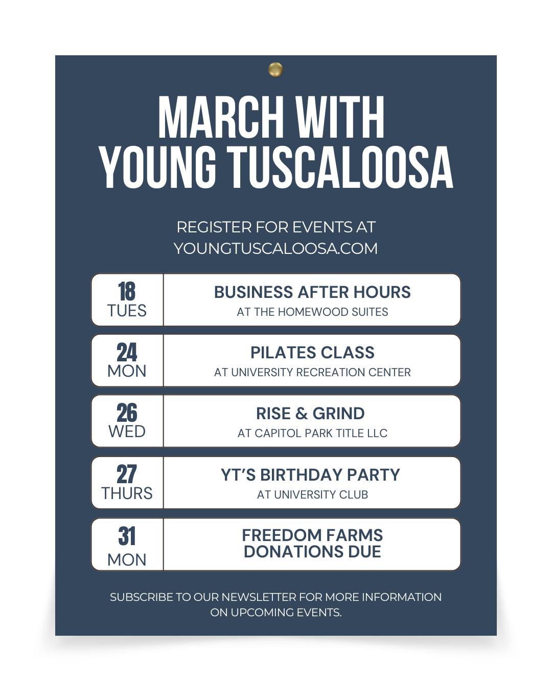We have a great lineup for you this month! 🎉 Starting next week, join us for one of our awesome social, professional development or sports & wellness events! 🎟 Register online at youngtuscaloosa.com.
#youngtuscaloosa