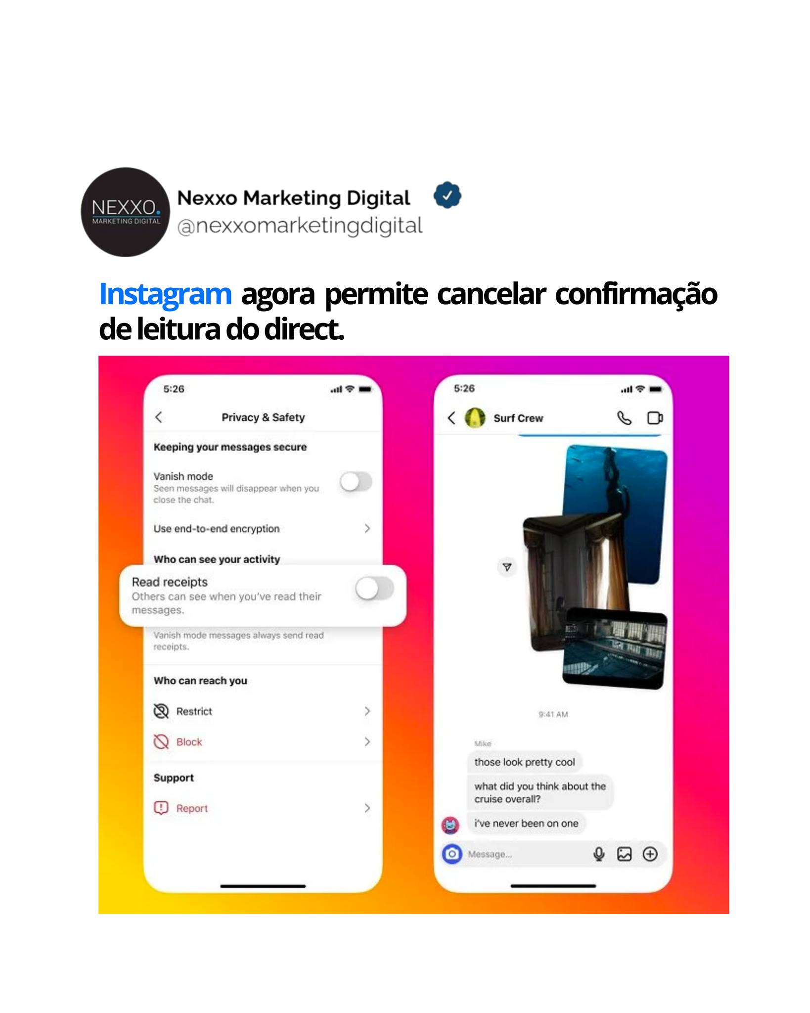 Instagram lança esta semana a capacidade para os usuários desativarem as confirmações de leitura de seus DMs , como forma de controle do que aparece para os remetentes nos fluxos de mensagens.
Como você pode ver no exemplo, agora é possível desativar as confirmações de leitura por meio de sua caixa de entrada do IG Direct, se não quiser que as pessoas vejam que você leu o DM delas, basta remover a notificação “Visto” e mantê-los em suspense.
A configuração está disponível em cada chat individual. Para ativar a nova opção, você pode tocar no nome dos usuários (ou nome do chat em grupo), selecionar “Privacidade e segurança” e desligar “Recibos de leitura ”.
Pode ser uma maneira prática de evitar a angústia indesejada pela falta de resposta, pois algumas pessoas ficam um pouco impacientes se você não responder dentro de um prazo adequado após ver uma mensagem.
Embora a maioria das pessoas entenda que você não responderá imediatamente, ainda assim, se isso causar drama indesejado de certos amigos e familiares, agora você pode evitá-lo desativando essas notificações.
Você também pode desativar as confirmações de leitura para todos os usuários nas configurações de “Mensagens e respostas de histórias”, para que haja uma maneira de evitar a desativação para cada bate-papo individual.
Mas de qualquer forma, agora você tem mais opções para desativar essas notificações incômodas, que podem colocá-lo em maus lençóis com alguns que esperam uma resposta prioritária.
Também pode ser útil para marcas, no gerenciamento das expectativas dos clientes. Quero dizer, é claro, você deve se esforçar para responder às dúvidas dos clientes o mais rápido possível, mas talvez, se você desativar os recibos de leitura, isso também possa limitar a angústia.
Já faz algum tempo que essa atualização é muito solicitada e agora você pode aliviar outro elemento de estresse em suas interações nas redes sociais.
#instagram #meta #redessociais #dicasdemarketingdigital
Fonte socialtoday