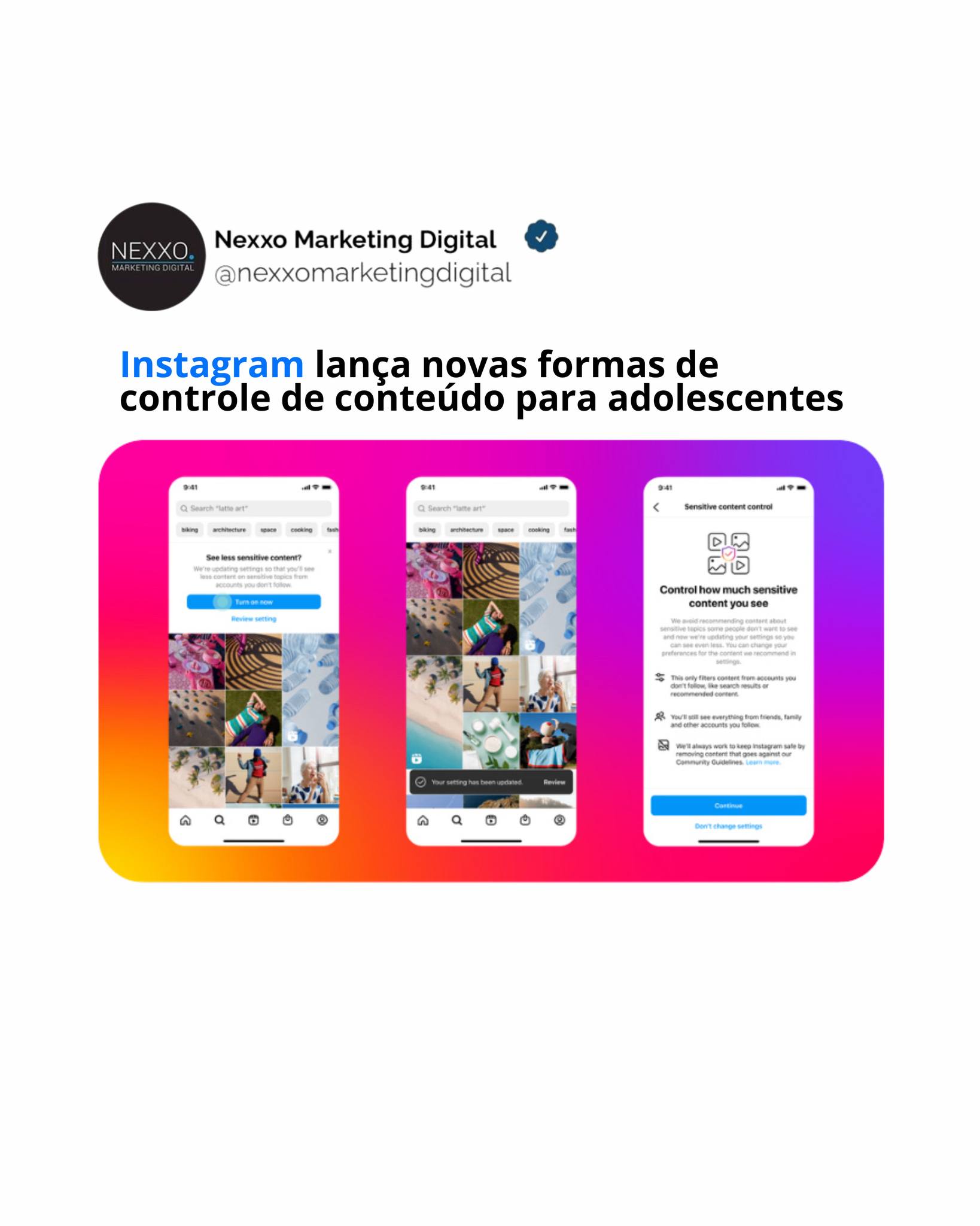 Nesta semana, o Instagram anunciou mais maneiras de manter os adolescentes seguros e longe de conteúdos que podem ser sensíveis. �
Passaram a ocultar tipos de conteúdo não apropriados para jovens, incluindo tópicos relacionados a suicídio, automutilação e drogas.
Restringiram termos de pesquisa relacionados a suicídio, automutilação e distúrbios alimentares e direcionando as pessoas a recursos especializados para obter ajuda.
Além disso, estão solicitando que os adolescentes verifiquem e atualizem suas configurações de privacidade com um único toque.
Para obter mais informações, confira no blog do Instagram.
#instagram #adolescentes #redessociais #marketingdigital
