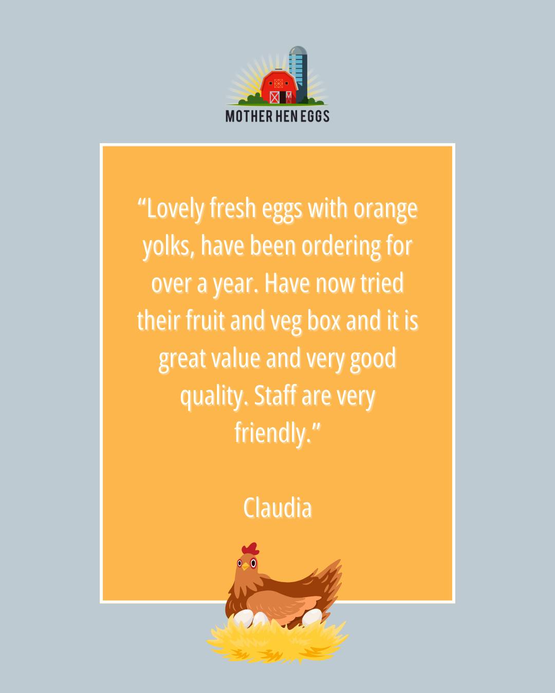 We love hearing from happy customers, thank you Claudia for the kind words! 💛
Our fresh eggs and fruit & veg boxes are packed with quality, value, and a little bit of Mother Hen care 🐔🍎
Want to try it for yourself? Order now on our website, link on our page