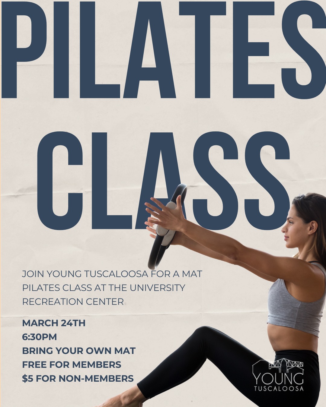 Join us for a pilates class on Monday! 💪 Sweat it out with your friends at YT and the UREC, March 24th at 6:30pm. Don't miss this chance to have fun all while challenging yourself!
Spots are limited to reserve your spot today. FREE for members, $5 for non-members. Register at youngtuscaloosa.com. 🎟 #youngtuscaloosa