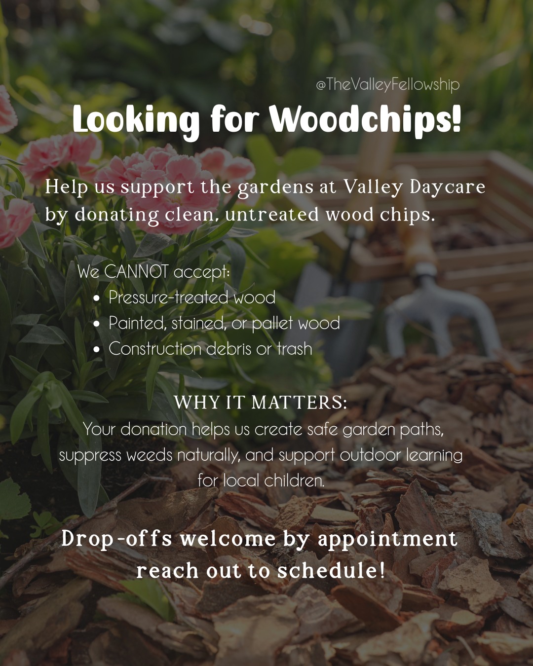 Looking for Wood Chips! 🌱
Hi neighbors! We’re expanding our children’s garden at Valley Daycare in Mongaup Valley and are on the lookout for free wood chips to use as natural mulch and pathways.
If you (or someone you know) works in tree trimming, landscaping, or forestry and is looking for a local spot to offload chips—we’d love to be your drop site! 💚
We're looking for natural tree trimmings (branches, trunks, bark, leaves). Please exclude pressure-treated wood, painted lumber, and construction debris.
This project supports hands-on garden learning for local kids, and every load of chips helps us grow a little more.
Please feel free to message us directly or tag someone who might be able to help. Thank you for spreading the word!
#WoodChipsWanted #bethelny #sullivancountyny #SupportLocal #TheValleyFellowship