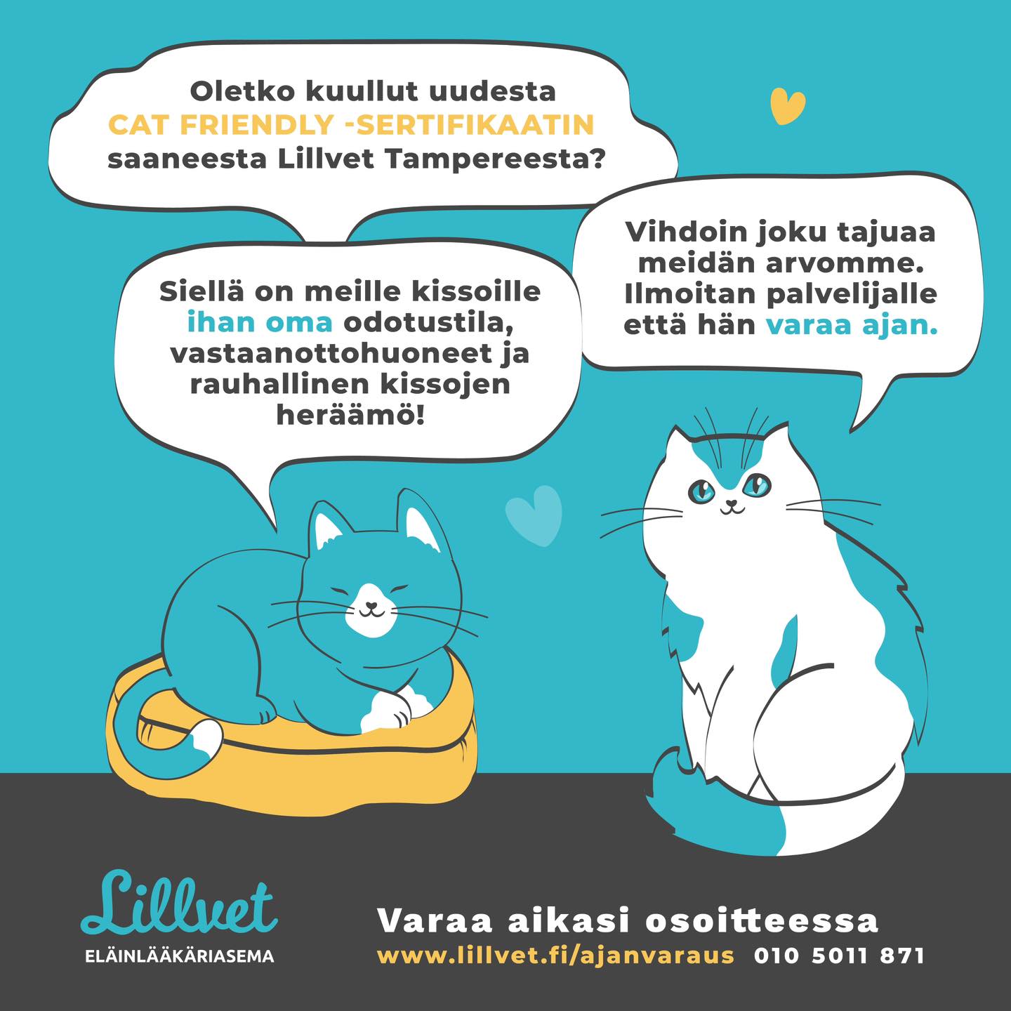 Osallistumme lemmikkimessuilla 12-13.10 Tampereen Messukekuksessa.
Messuilla pÀÀset kuuntelemaan mahtavan elÀinlÀÀkÀrimme Linda Lammin puheenvuoroa kissaystÀvÀllisen klinikan toimintatavoista, kissan kohtaamisesta sekÀ kissan kÀsittelystÀ elÀinlÀÀkÀrin vastaanotolla. Linda esiintyy D -hallin ohjelmalavalla lauantaina 12.10.2024 15:30-15:55
Tervetuloa moikkaamaan meitÀ ja rapsuttelemaan lemmikkejÀ messuille! #catfriendlyclinic #lillvet #lillvettampere #kissan