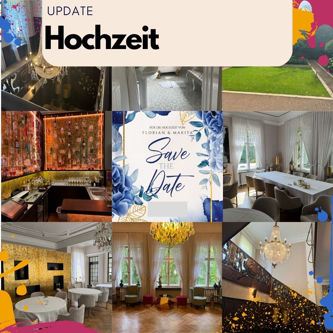 Hochzeitsupdate!
Manche haben sich ja ein bisschen was zum Thema Hochzeit gewünscht, die dieses Jahr für mich ansteht und was soll ich sagen, wir haben auf jeden Fall schon ein paar Punkte erfüllt. In der Mitte seht ihr einen Ausschnitt unserer "Save the Date"-Karten (ich hab das Datum und den Ort mal aus privaten Gründen überdeckt. Daran könnt ihr aber zumindest schon mal unser Farbschema für die Hochzeit erahnen :)
Die Fotos drum rum sind von unserer Location. Ich liebe ja Kronleuchter und Design und so Kram und da habe ich tatsächlich schon ohne mein Zutun ganz viel davon.
Also zusammenfassend haben wir schon:
✅Location
✅Karten
✅Fotografen
Als nächstes würd ich dann von noch mehr Details berichten, die gerade in der Planung sind. Zu Oft werde ich solche Beiträge aber nicht machen, also braucht ihr keine Angst haben, dass ich euch zu sehr damit nerve ;)