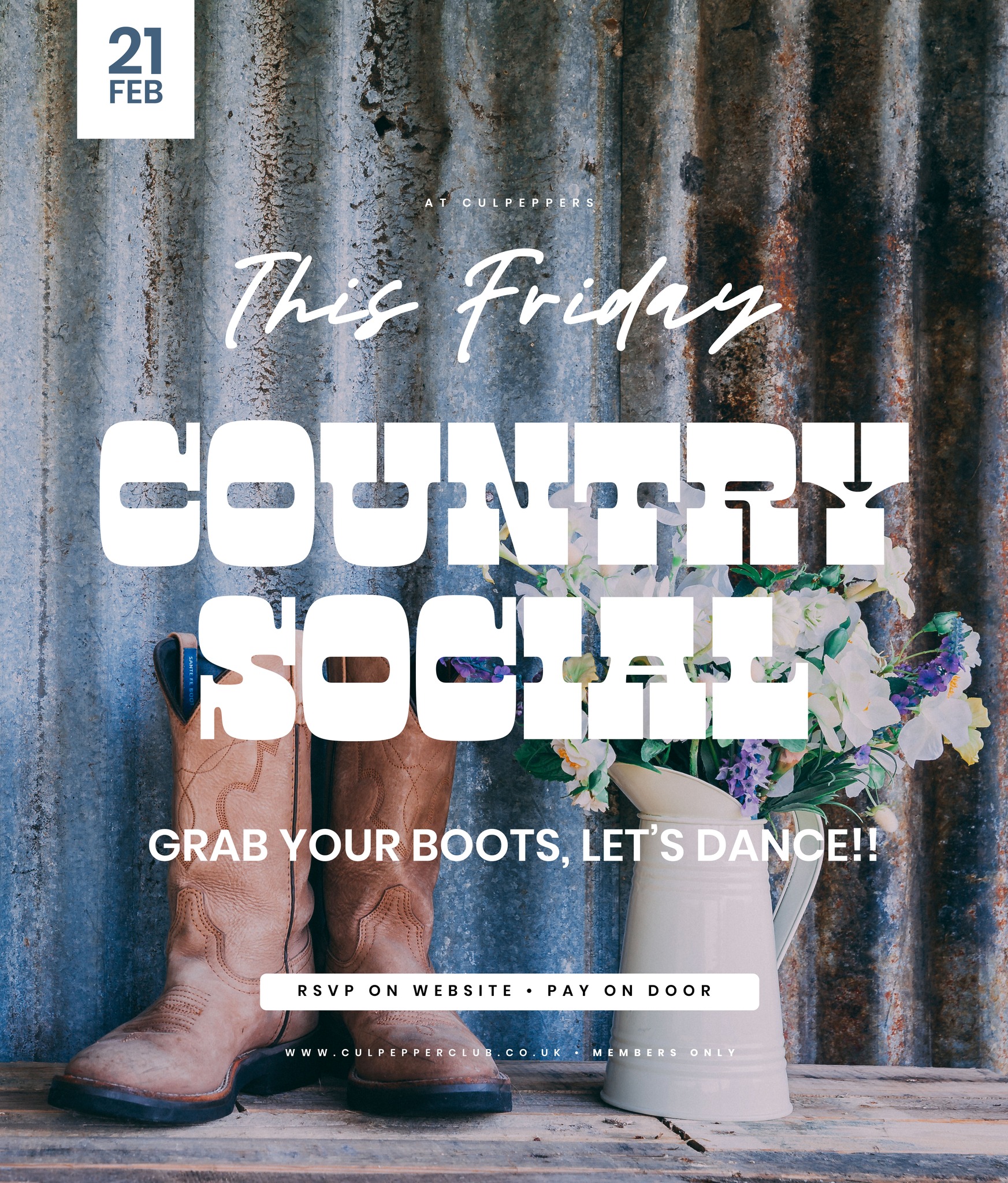 Join us this Friday (21st) with a Country Line Dance Social. RSVP via our website to guarantee entry, pay on door. Requests welcome. Doors 7:30pm • 8:00pm - 11:00pm. Members only.
RSVP today, visit our website - link in bio.
#culpeppersuk #culpepperclub #linedancing #linedance #dance #social #basildon #essex