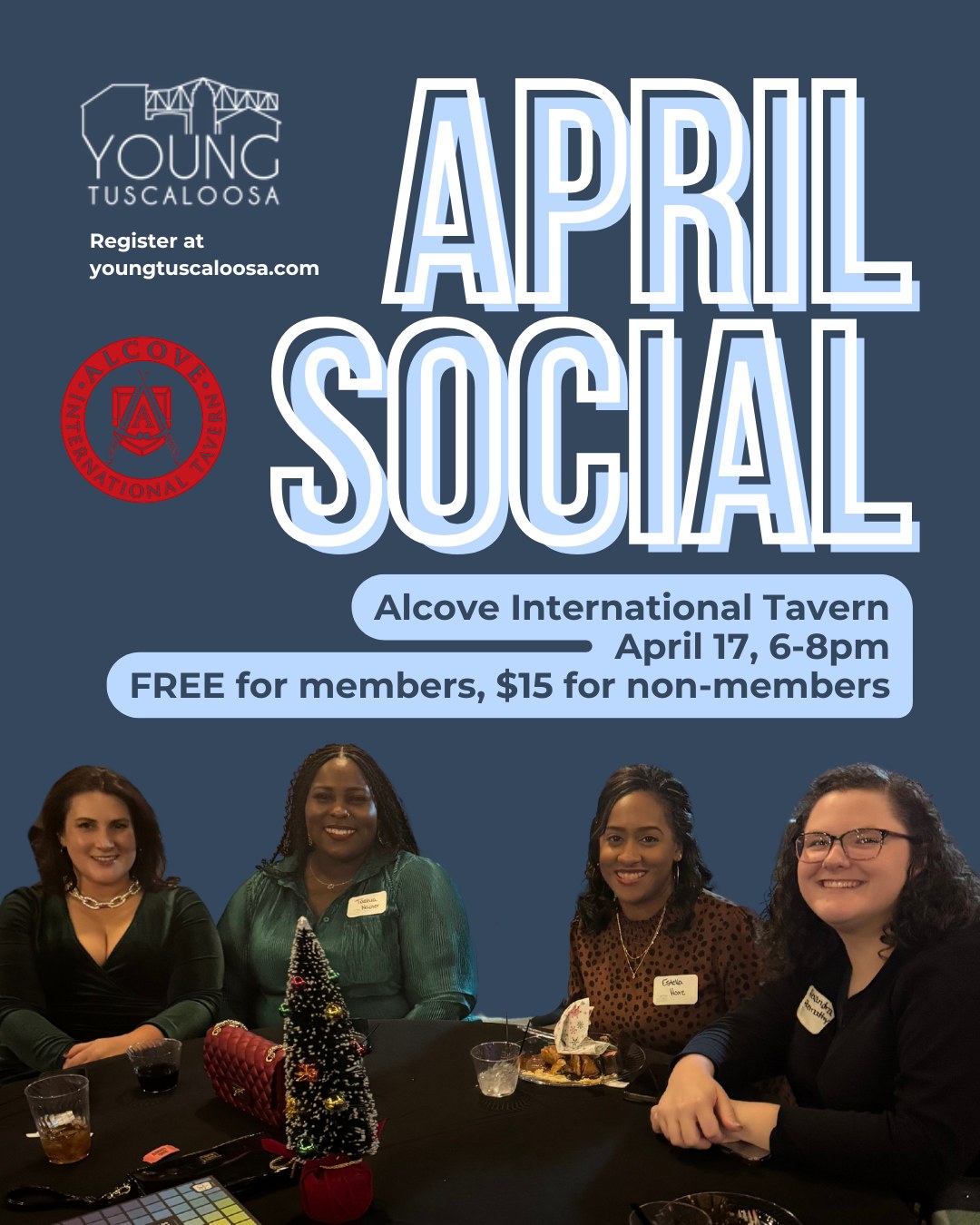 TOMORROW! Join us at @alcovetavern for our April social. Spend some time after work with the best people and the best drinks (and even play some pinball!). Register today to reserve your spot. FREE for members, $15 for non-members. 🥰
Register with the 🔗 in bio. #youngtuscaloosa