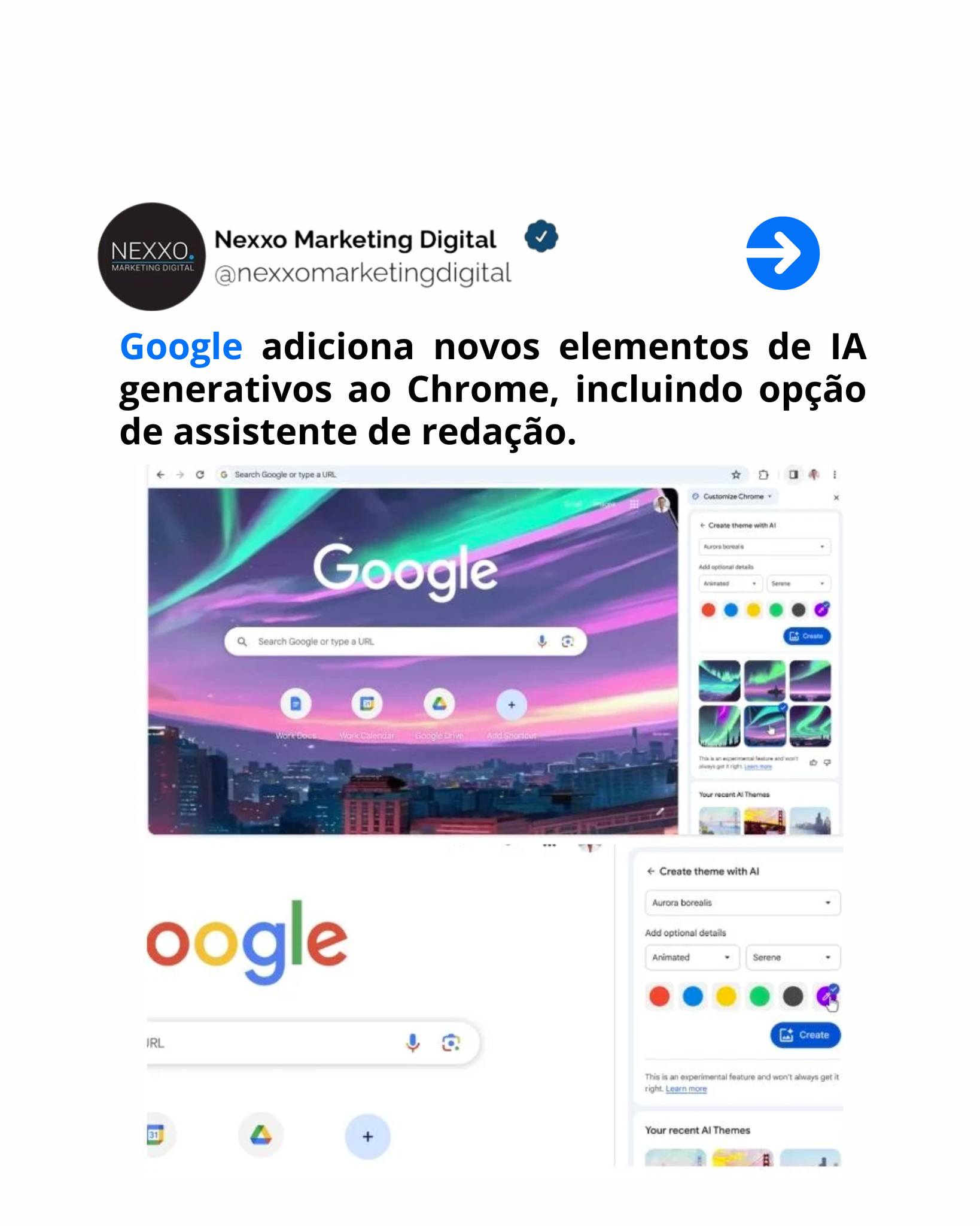 O Google anunciou alguns novos elementos generativos de IA para o Chrome, que fornecerão assistência automatizada para melhorar a experiência de busca, juntamente com inspiração artística em seu aplicativo de navegador.
Veja:
✔️expansão da opção de papel de parede generativo de IA, que permite criar seu próprio plano de fundo personalizado, para o Chrome no desktop.
A opção estará disponível no painel lateral “ Personalizar Chrome ”, tocando em “Alterar tema” e depois em “Criar com IA”.
A partir daí, você pode inserir qualquer prompt de texto que desejar para ver que tipo de plano de fundo o Chrome oferece.
✔️assistente de redação anexado ao Chrome, projetado para ajudar a criar consultas e postagens melhores.
“ Se você deseja deixar uma avaliação bem escrita sobre um restaurante, criar uma confirmação de presença amigável para uma festa ou fazer uma consulta formal sobre o aluguel de um apartamento. Para começar, clique com o botão direito em uma caixa de texto ou campo em qualquer site que você visitar no Chrome e selecione “Ajude-me a escrever”. Digite algumas palavras e nossa IA iniciará o processo de escrita para você. ”
Ter essa ferramenta tão prontamente disponível também aumenta o risco de uma inundação de bots de IA, o que pode eventualmente fazer com que grande parte da web seja bots conversando com outros bots, com mestres de marionetes humanos assistindo.
Por fim, o Google também está adicionando um novo processo que irá sugerir grupos de tópicos para suas guias abertas e classificá-los automaticamente, se você desejar. O processo classificará todas as guias abertas e fornecerá nomes para cada grupo, para ajudá-lo a controlar cada elemento.
Estas são algumas adições úteis e parecem ser um uso bom e prático da IA generativa, que está se tornando cada vez mais inovadora, à medida que todas as outras plataformas de tecnologia procuram entrar no movimento da IA da maneira que puderem.
#ia #nexxosocialmedia #agenciademktdigital #google #meta #instagram #facebook #inteligenciaartifical