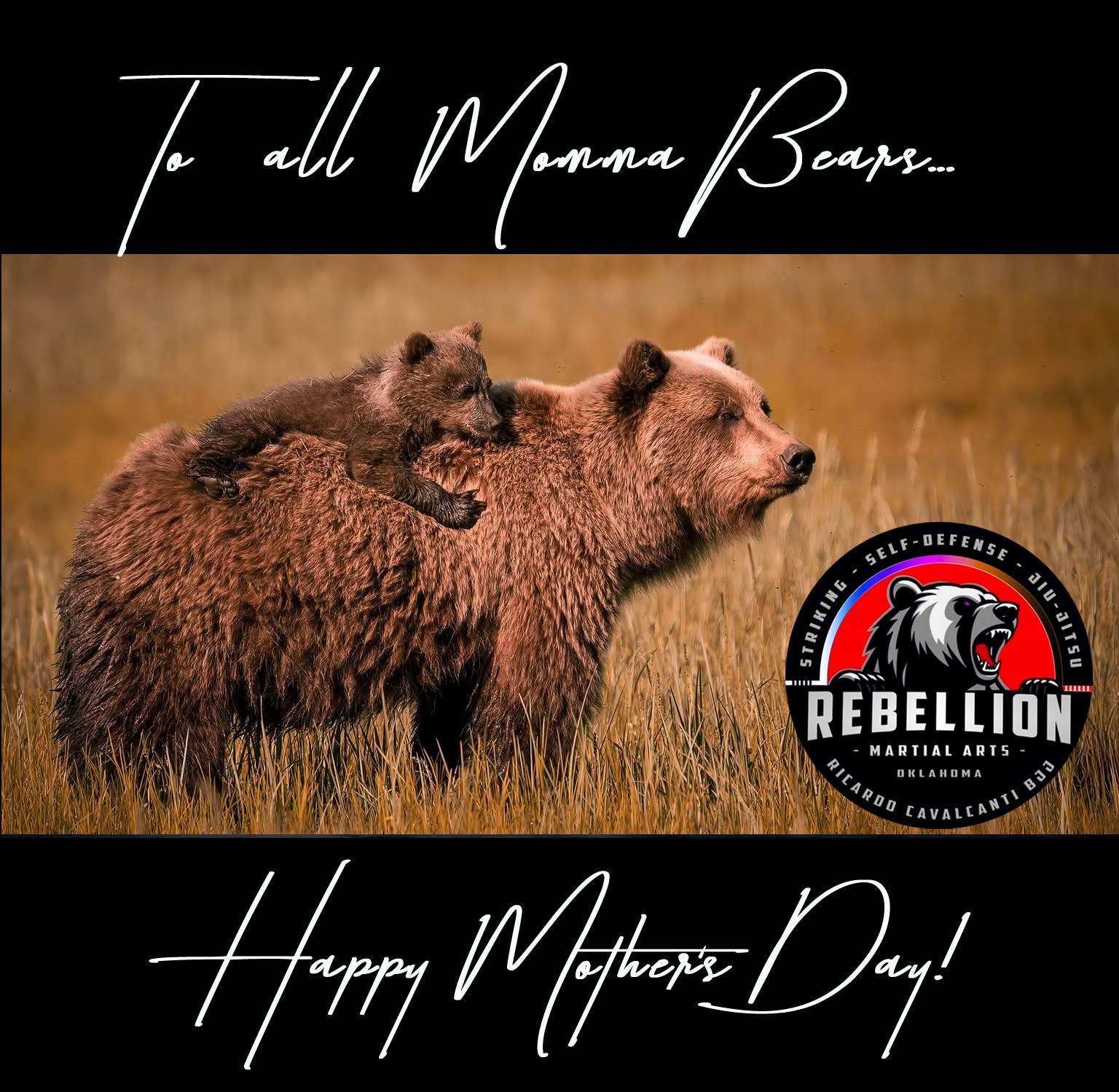Happy Mother's Day to all the Momma Bears out there!
Thank you to our moms and all moms for everything you do for your children. All the years of carrying us on your backs (literally and figuratively), all the love, all the lessons, and all the things that you have done to make our lives the best they can be, we are beyond grateful to you.
May you all have a special day with your families.
There will be NO SUNDAY classes today. Spend time with mom!
Ricardo Cavalcanti Academy - Brazilian Jiu Jitsu Cavalcanti Jiu Jitsu International Association Ricardo Cavalcanti @cavalcantibjjassociation @ricardocavalcantibjj
Photograph By: Rebellion's own Tony Hebert ( @319_photography )
#JoinTheRebellion #RebellionMAOK #CavalcantiBJJ #RCABJJ #SOC #ada #duncan #oklahoma #jiujitsu #grappling #groundfighter #jiujitsufamily #keeplearning #levelup #keepgrowingkeepgoing #jiujitsulifestyle #SonsOfCavalcanti #bjj #brazilianjiujitsu #martialarts #training #selfdefense #striking #blackbeltisjustthebeginning #mothersday #moms #NOTHINGMOREIMPORTANTTHANJIUJITSU