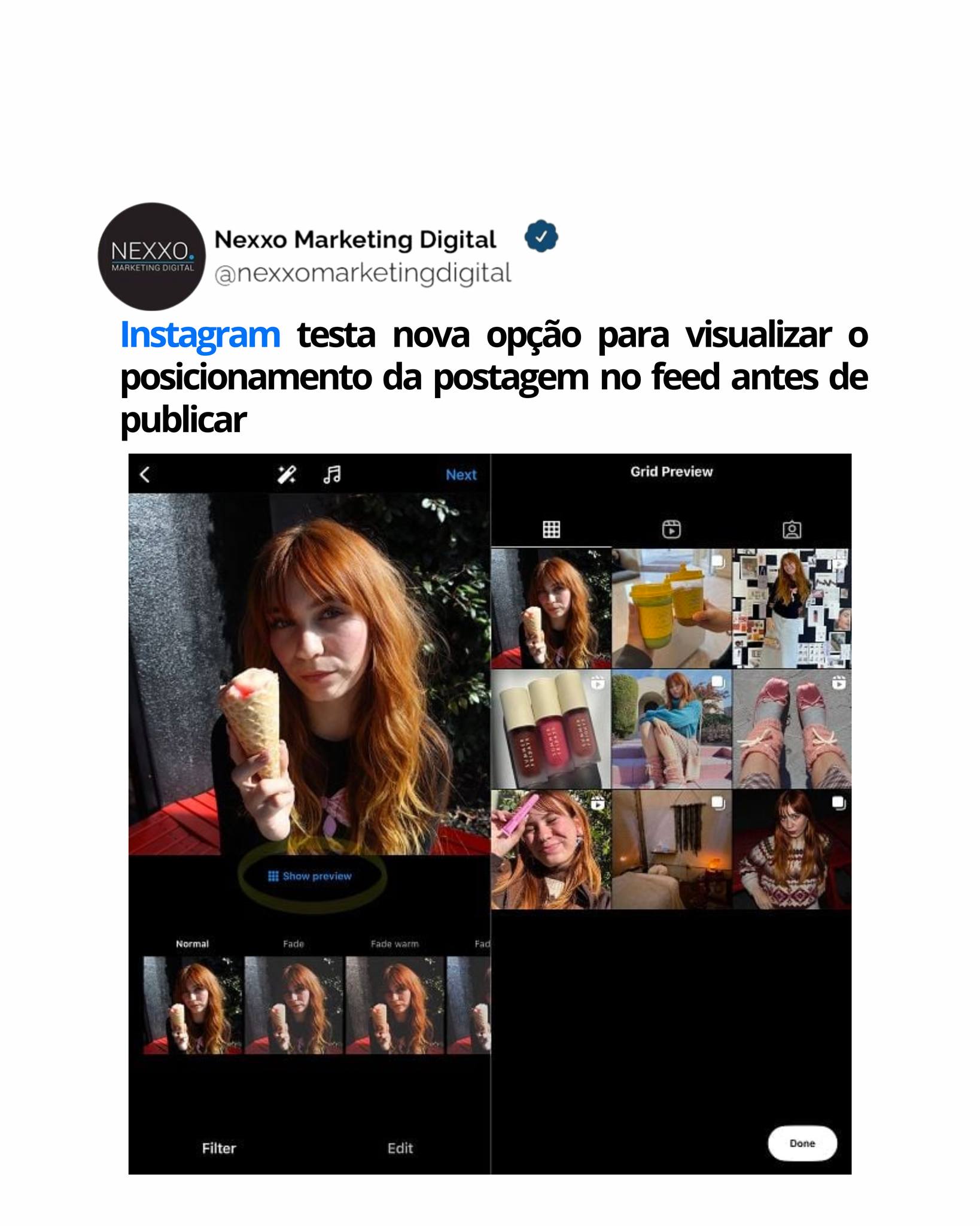 Instagram está testando uma nova opção com alguns usuários que permite que você veja como suas postagens de feed ficarão na grade do seu perfil antes de publicar, para que você possa garantir que cada atualização se encaixe na estética geral do feed.
Como você pode ver no exemplo, compartilhado por Nadja Bella Marrero no LinkedIn, alguns usuários agora estão vendo um novo botão "Mostrar visualização" no processo de composição da postagem.
Toque nele e você verá uma prévia de onde a postagem se encaixará no formato atual do seu perfil, incluindo postagens fixadas.
Isso tornará mais fácil manter o tema geral e a sensação do seu perfil e garantir que tudo o que você publica esteja alinhado com a abordagem que você está adotando para sua presença principal no IG.
Não é uma virada de jogo, nem uma grande mudança funcional, mas é uma atualização útil que pode ajudá-lo a decidir o que postar no IG e quando, a fim de maximizar o impacto do seu perfil.
Manter uma abordagem consistente é fundamental para construir sua presença no aplicativo e, com isso em mente, pode ser muito útil garantir que você tenha as postagens certas no lugar certo antes da publicação.
Para aqueles que têm a opção disponível, ela agora está aparecendo para todas as atualizações de imagem única, vídeo e carrossel, embora ainda não para o feed do Reels.
Pedimos ao IG uma atualização sobre quem o possui, o escopo do teste e quais são os planos para uma implementação mais ampla, e atualizaremos esta postagem se/quando recebermos uma resposta.
#instagram #newsinstagram #redessociais #agenciademarketingdigital #meta #facebook #X