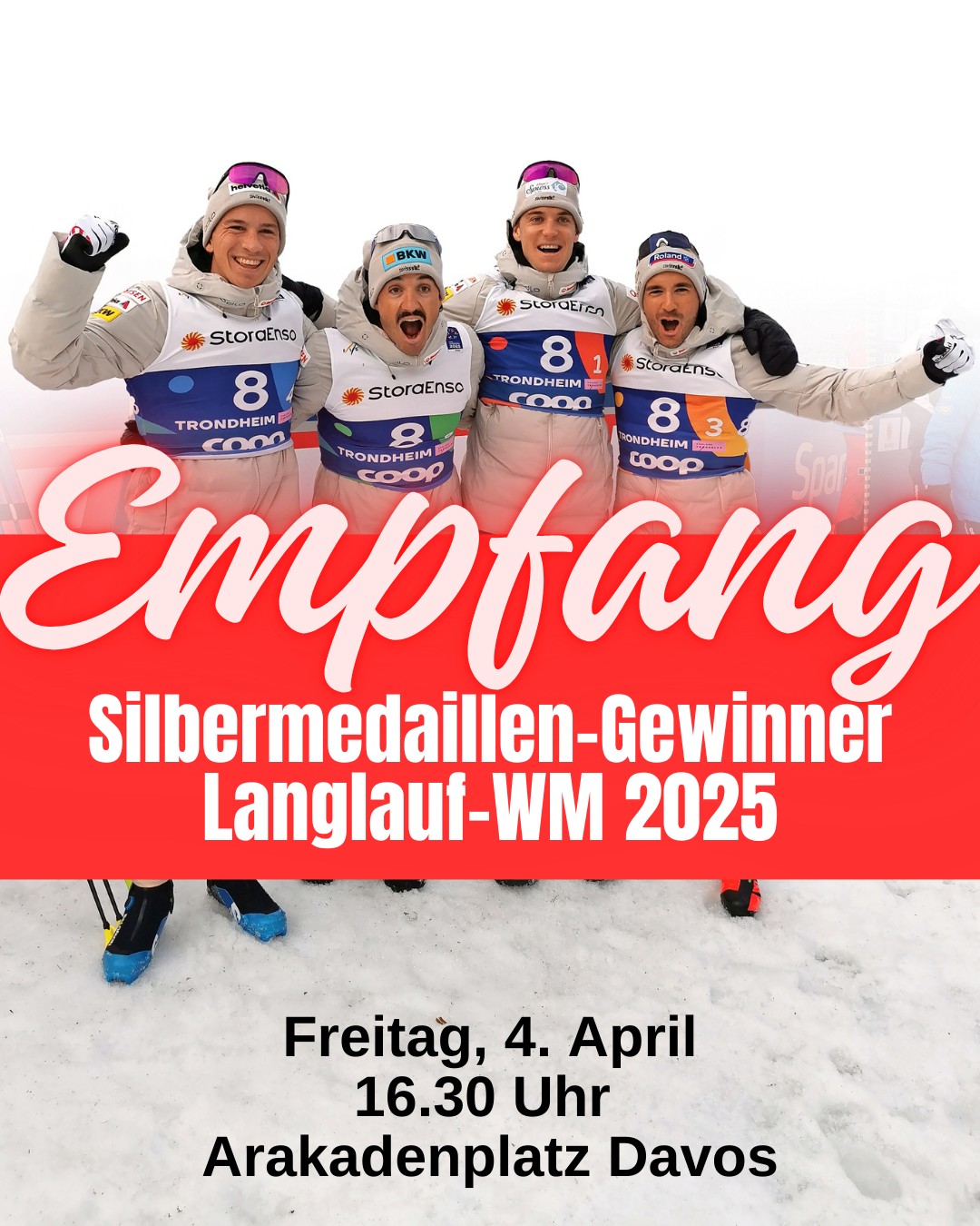 🏆 Silberhelden zurück in Davos! 🏆
Unsere Schweizer Langlaufstars haben an der Weltmeisterschaft 2025 Silber geholt – und das wollen wir feiern! 🎉🔥
📅 Freitag, 4. April
⏰ 16:30 Uhr
📍 Arkadenplatz, Davos
Lasst uns die Athleten gebührend empfangen und ihnen zeigen, wie stolz wir auf sie sind! 💪❄️ Das Organisationskomitee des Empfangs Franziska Kälin, Christian Flury und Scott Rüesch freut sich auf zahlreiche Fans!
#langlaufen #davosklosters #silbermedaille #spitzenleistung #feiern