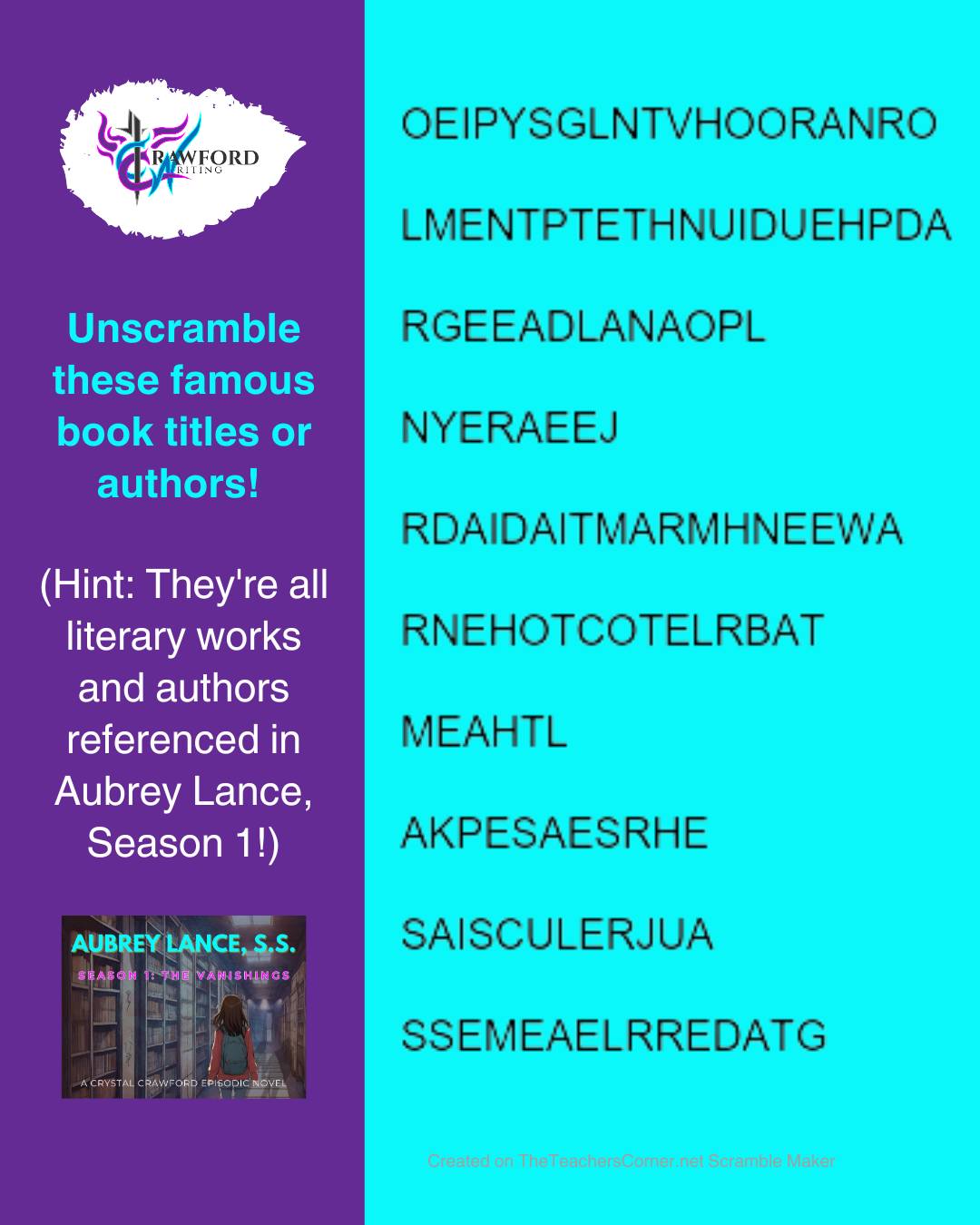 This time it's an Aubrey Lance-themed word scramble! <3
All of the authors and works used in this word scramble are referenced in Season 1 of my new young adult fantasy-mystery serial--Aubrey Lance, S.S. (Supernatural Sleuth)!
Season 1: The Vanishings is posting on my forum now... and it's chock-full of puzzles, twists, and literary references!
If that seems like your kind of thing, check it out! New episodes post daily Monday thru Saturday until all 67 episodes are posted... and they're all FREE to read in my forum!
Dive into Season 1 now! Link in bio!