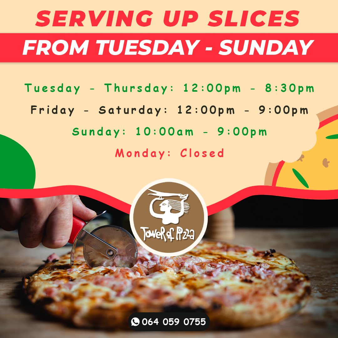 Make your week amazing with a visit to Tower of Pizza! We're open from Tuesday to Sunday, ready to serve up the slices you love. ๐
Our hours are:
โ
Tuesday-Thursday: 12:00pm - 8:30pm
โ
Friday-Saturday: 12:00pm - 9:00pm
โ
Sunday: 10:00am - 9:00pm.
โ Please note that we are closed on Mondays.
Come by and enjoy the best pizza in Drakensberg! ๐
๐ https://www.towerofpizza.co.za/
#TowerOfPizza #Pizza #LocalEats #PizzaCravings #BestSlices #PizzaLovers #Drakensberg #SouthAfrica
