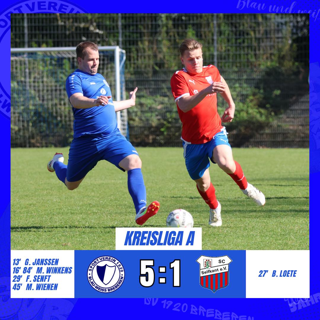 🔵⚪️ Doppelter Derbysieg für den SVB ⚪️🔵
Am vergangenen Spieltag stand das Derby gegen den SC Selfkant an. Der SVB war von Beginn an hellwach und startete gut ins Spiel. So konnte Eric von Heel nach starker Einzelaktion nur durch ein Foul im Strafraum gestoppt werden. Den anschließenden Strafstoß schob Gianluca Janssen (13.) sicher ein. Nur wenige Augenblicke später fand eine Flanke Maurice Winkens (16.), der zur frühen 2:0 Führung einköpfte. Der SC Selfkant verkürzte in der 27. Minute durch einen Freistoß auf 2:1. Sichtlich unbeeindruckt spielten unsere Blau-Weißen weiterhin mutig nach vorne und hatten prompt die Antwort parat. Felix Senft (29.) stellte mit seinem Tor auf 3:1. Kurz vor dem Halbzeitpfiff erzielte Marius Wienen (45.) noch das 4:1, indem er nach einem Konter alleine auf das gegnerische Tor zu rannte und dann sicher verwandelte. In der zweiten Halbzeit schaltete der SVB einen Gang zurück und versuchte, das Spiel zu beruhigen. Dies gelang auch weitestgehend. Nach einer knappen Stunde gab es einen Foulelfmeter für die Gäste, den unser Torhüter, Lukas Welter, jedoch sagenhaft parieren konnte. Danach ließ der SVB hinten nichts mehr zu und sorgte sogar durch Maurice Winkens (84.) schließlich für das 5:1. Dabei blieb es dann auch und man entschied das Derby mit 5:1 für sich.
Für unsere zweite Mannschaft stand mit dem Duell gegen die Zweitvertretung des SC Selfkant ebenfalls ein Derby an.
Der SVB startete gut ins Derby, verteidigte kompakt und hatte durch Konter gute Möglichkeiten, in Führung zu gehen, jedoch scheiterte man immer wieder am guten Schlussmann der Gäste. Demnach wäre eine Führung zur Halbzeitpause für unsere Blau-Weißen verdient gewesen. In der zweiten Hälfte der Partie hatte man, wie bereits im ersten Durchgang, ausreichend Chancen, das erste Tor zu erzielen. Der SVB kämpfte bis zur letzten Minute und erzielte dann per Foulelfmeter, den Justin Frenken (90.) eiskalt verwandelte, den überfälligen Führungstreffer. Somit entschied man das Derby der zweiten Mannschaften für sich und belohnte sich für eine gute Leistung mit drei Punkten.
🔵⚪️
📸 @miriamsenft