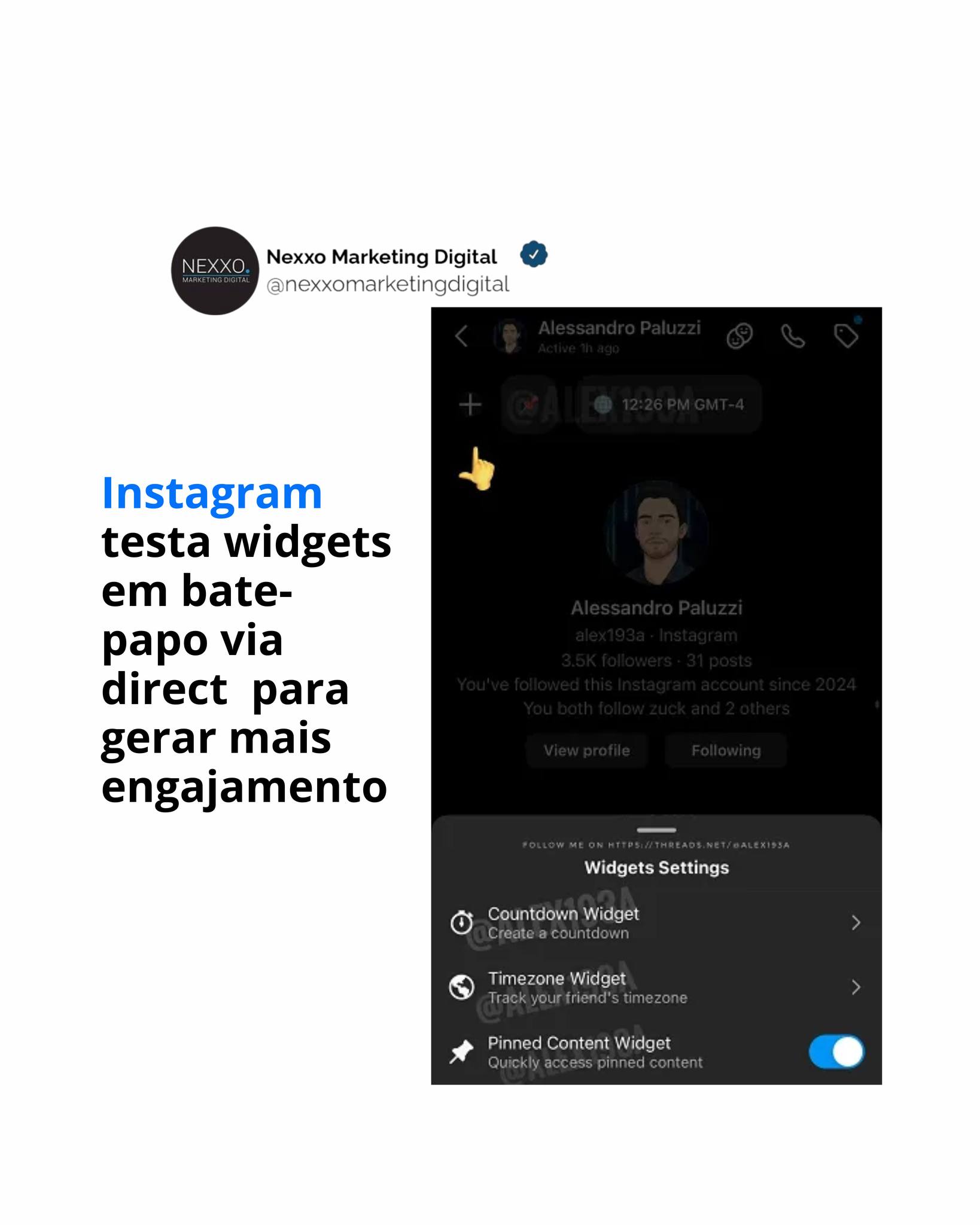 O Instagram está testando outra maneira de estimular mais engajamento em mensagens diretas, desta vez por meio de widgets de bate-papo, que permitem adicionar ferramentas e indicadores adicionais ao seu fluxo de bate-papo.
Como você pode ver neste exemplo , publicado pelo pesquisador de aplicativos Alessandro Paluzzi , o Instagram aparentemente está desenvolvendo novos “Widgets de bate-papo”, com uma variedade de complementos para sua discussão, o que pode ajudar a adicionar mais contexto, gerar mais engajamento, etc.
Os widgets de bate-papo listados atualmente (em desenvolvimento, ainda não em testes públicos) são:
Widget de contagem regressiva – Crie uma contagem regressiva no chat
Widget de fuso horário – Exibe a hora local de cada participante do chat
Widget de conteúdo fixado – Acesse rapidamente o conteúdo fixado
Você pode ver como cada um deles pode desempenhar um papel na promoção de mais engajamento, adicionando outro elemento no início do chat, para que vocês possam se comunicar mais facilmente por meio dessas ferramentas informativas.
Também pode ser benéfico para o envolvimento da marca. Se o recurso for disponibilizado para marcas, você poderá, por exemplo, solicitar uma oferta aos clientes, com um cronômetro anexado para aceitar. Ter a hora local exibida também seria benéfico, para garantir que você responderá em um horário razoável.
O compartilhamento privado, principalmente em mensagens diretas, se tornou um elemento muito maior da experiência mais ampla do IG, com o chefe do Instagram, Adam Mosseri, observando repetidamente que :
“ Os amigos agora postam muito mais nas histórias e enviam muito mais mensagens diretas do que no Feed.”
Isso é indicativo de uma mudança mais ampla no engajamento nas mídias sociais em direção a um compartilhamento mais fechado, em vez de postagens públicas.
Dessa forma, os widgets de bate-papo fazem sentido e seriam outro elemento para aprimorar esse foco.
Ainda em estudo mas uma boa ideia!!
Fonte: SMT
#marketingdigital #instagram #socialmedia