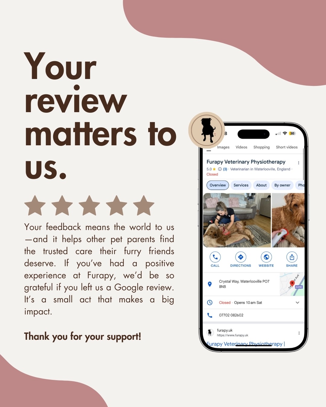 ⭐ Had a great experience with Furapy? Leave us a review! ⭐
As a small business, your feedback means so much to us. Not only does it help others discover great care for their pet, but also helps us to shape our services to best we can be for your pets!
We would be so grateful if you head on over to google and leave us a review! 🐾