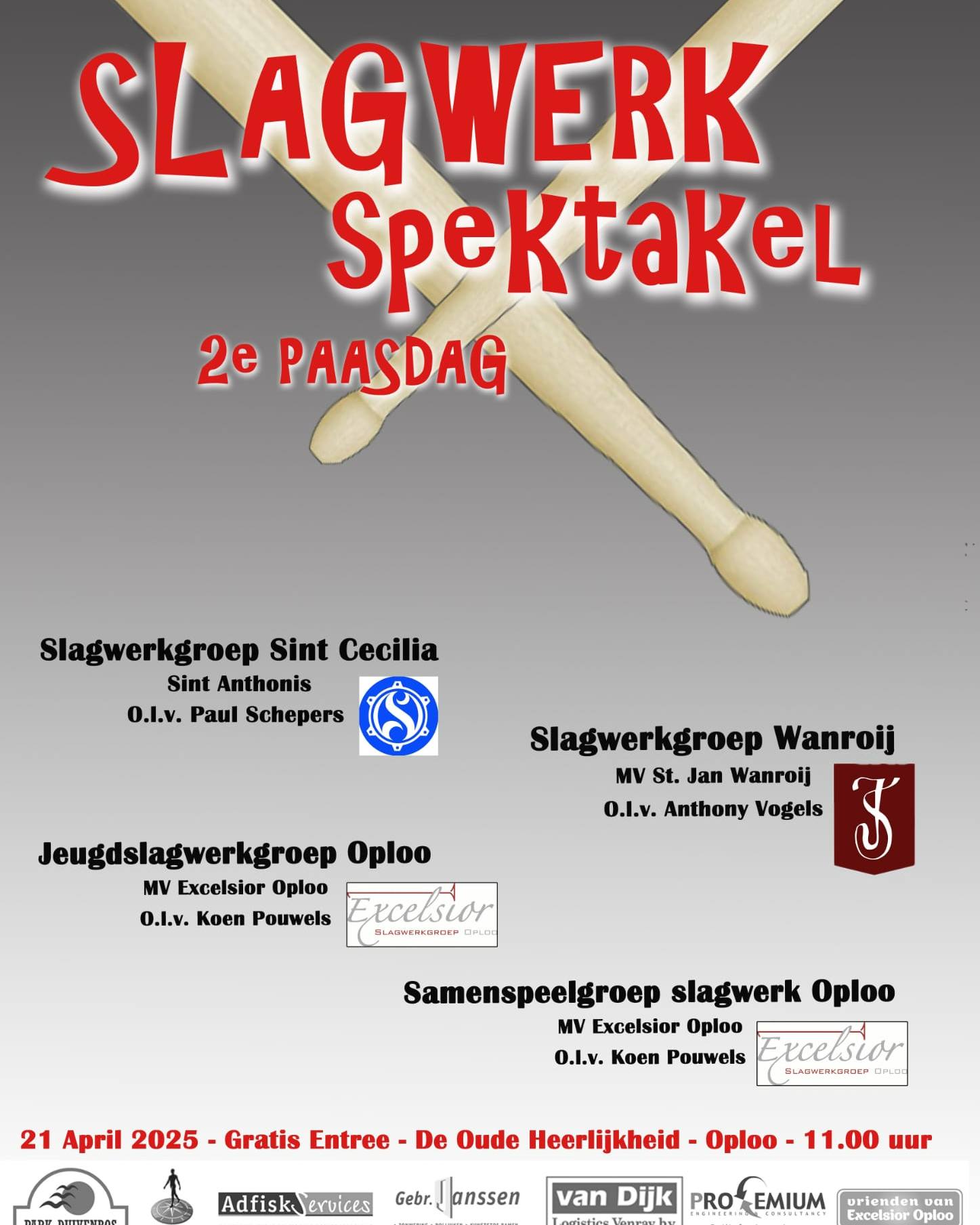 Slagwerkspektakel Oploo
Op Tweede Paasdag (maandag 21 april) treedt de slagwerkgroep van Muziekvereniging ‘St. Jan’ op bij het slagwerkspektakel van muziekvereniging Excelsior in Oploo. Een rijk programma vol slagwerk voor jong en oud. Van mooie concertwerken tot herkenbare popmuziek, voor iedere liefhebber van slagwerkmuziek komt er wat voorbij! Het spektakel begint 2e paasdag om 11:00 uur in De Oude Heerlijkheid in Oploo, toegang is gratis.